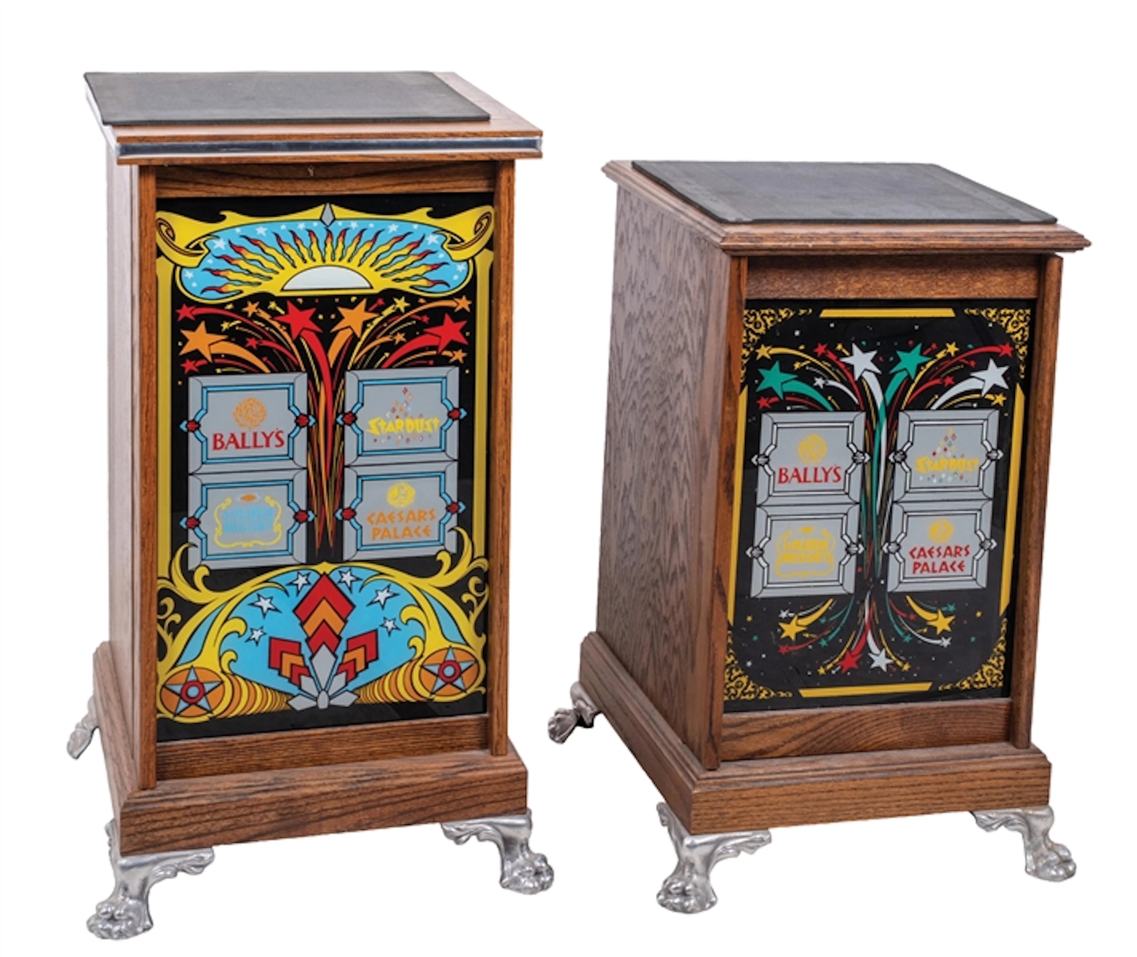 A PAIR OF CONTEMPORARY LIGHTED SLOT MACHINE STANDS WITH CASINO LOGOS