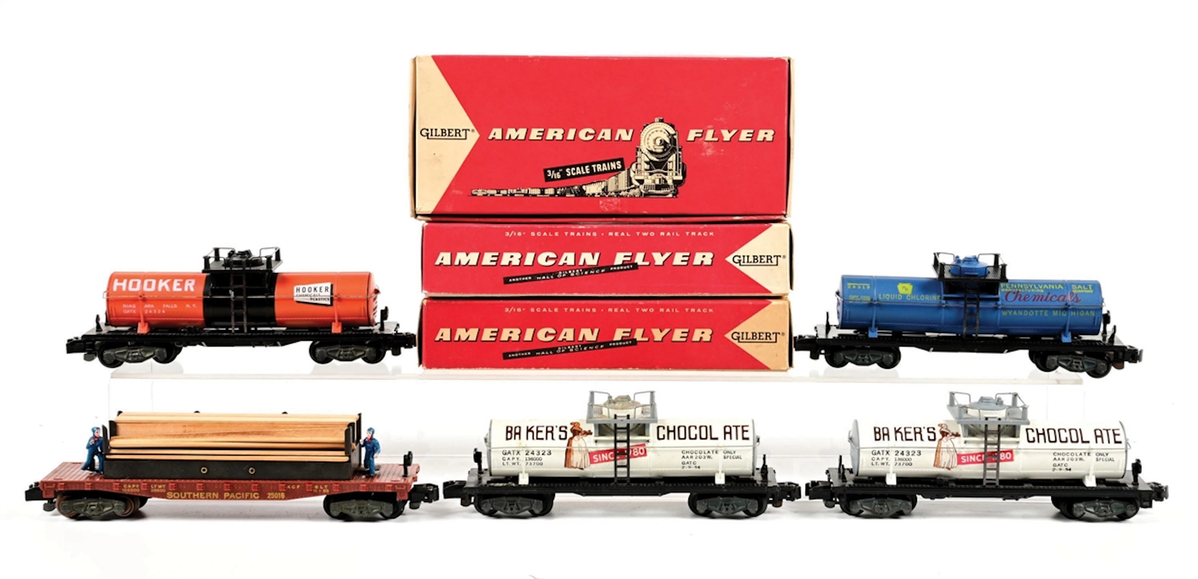 LOT OF 5: AMERICAN FLYER S-GA. TANK CARS & LUMBER UNLOADING CARS W/