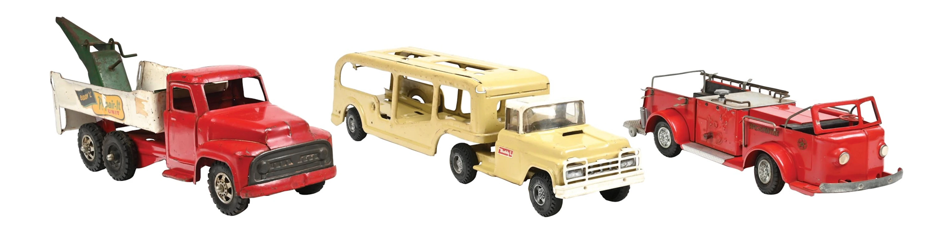 LOT OF 3: BUDDY "L" REPAIR-IT UNIT TOW TRUCK, YELLOW CAR CARRIER AND
