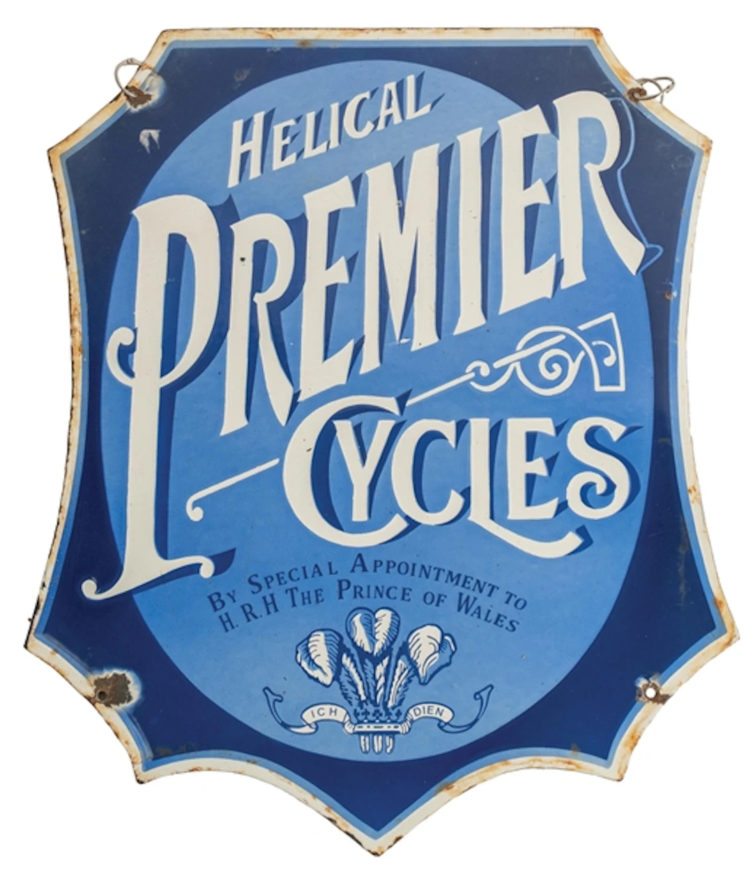 PORCELAIN DIE-CUT SIGN ADVERTISING HELICAL PREMIER CYCLES