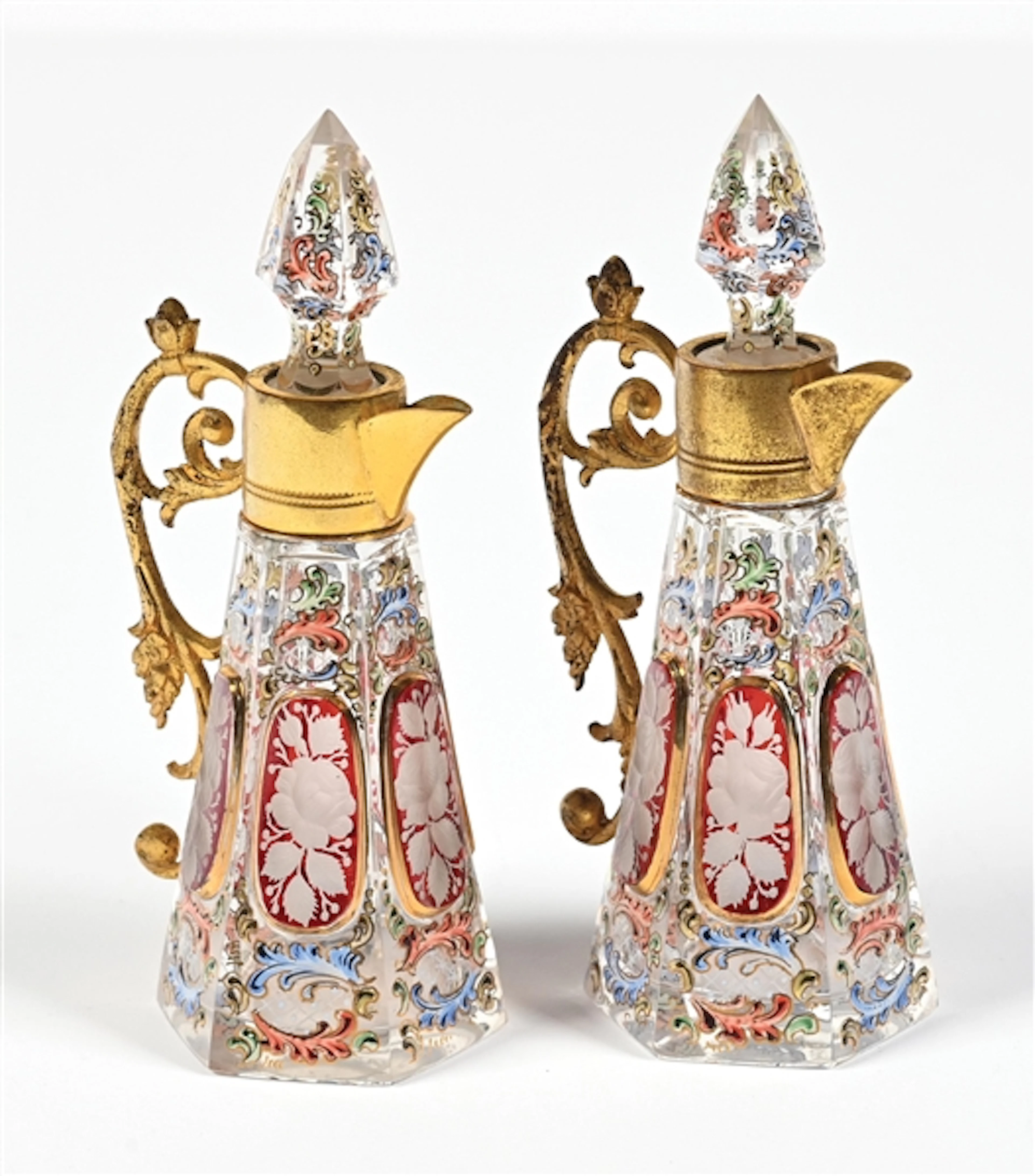LOT OF 2: MOSER BOHEMIAN GLASS JUG PERFUME BOTTLES