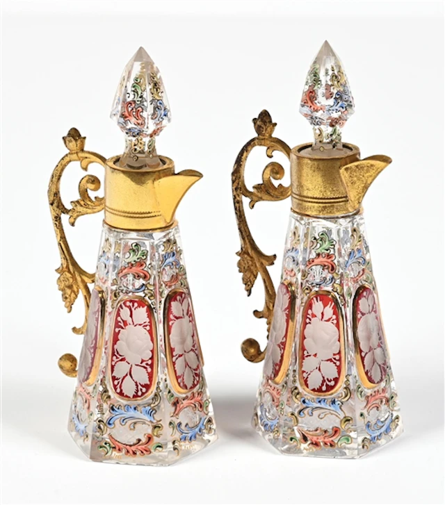 LOT OF 2: MOSER BOHEMIAN GLASS JUG PERFUME BOTTLES