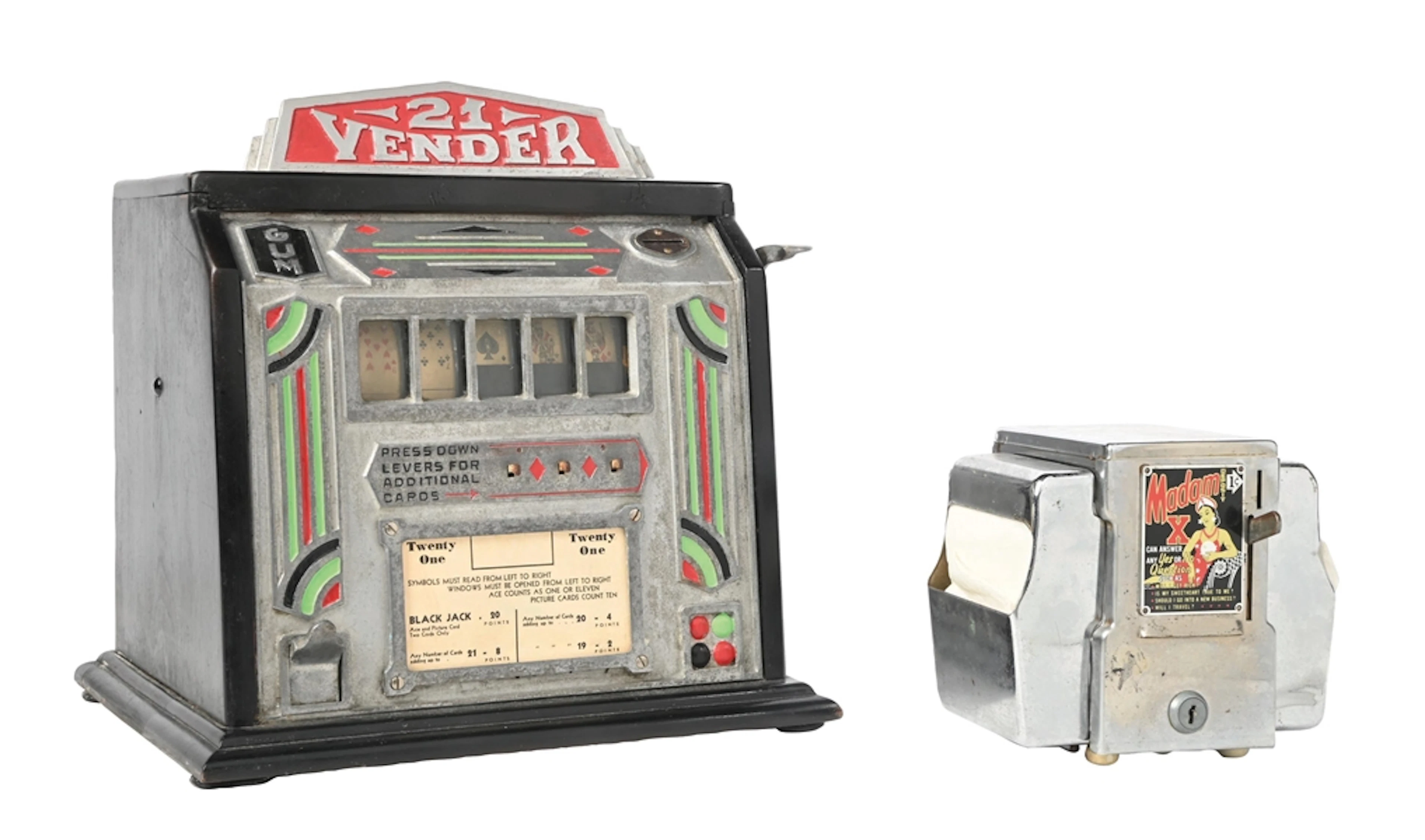 A PAIR OF COIN OPERATED MACHINES: GROETCHEN 21 VENDER & MADAM X NAPKIN