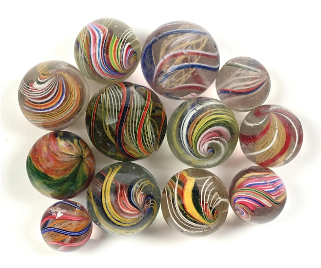 LOT OF 12: MULTICOLOR SWIRL CORE MARBLES