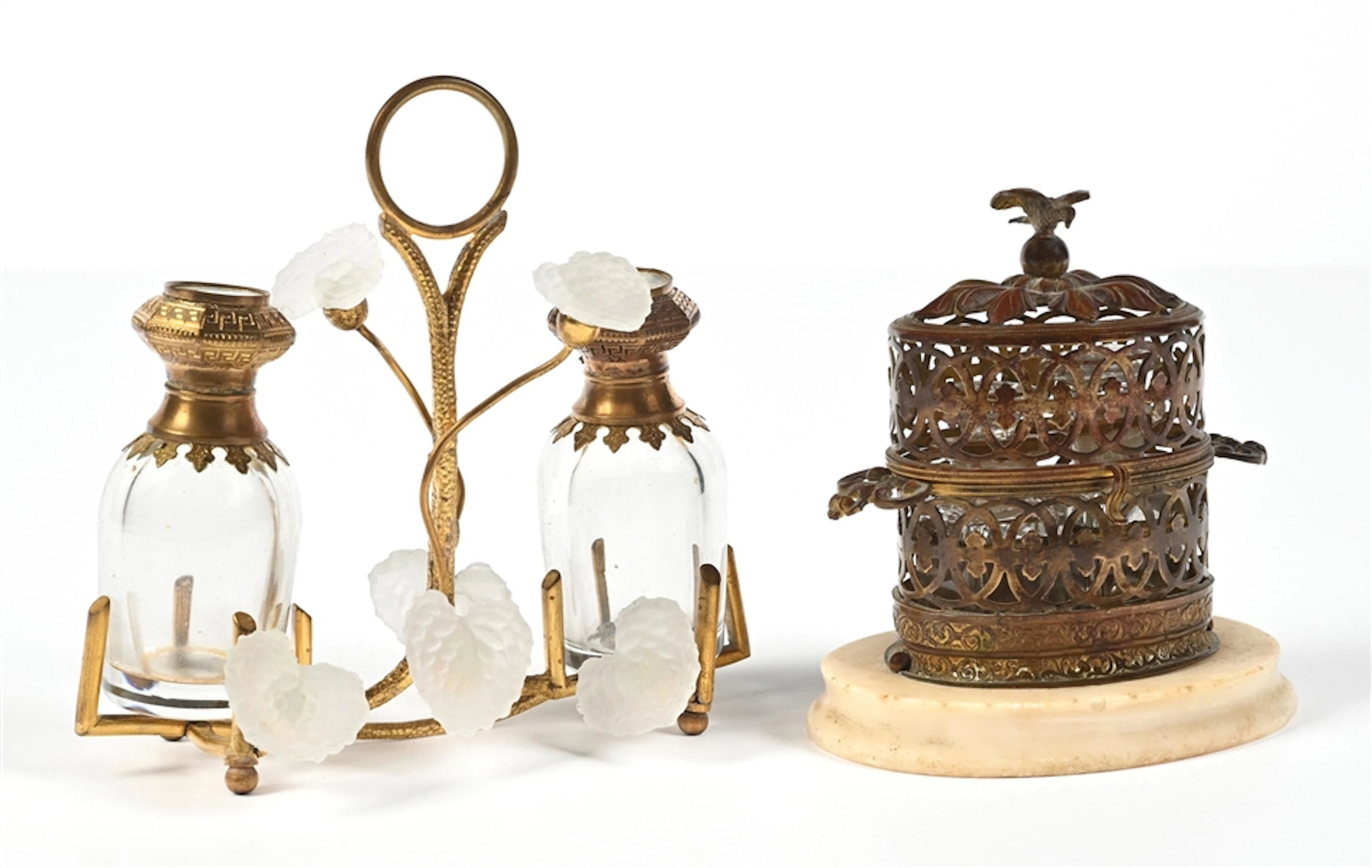 LOT OF 2: FRENCH PALAIS ROYAL PERFUME CADDIES WITH GOLD DETAILED BOTTLES