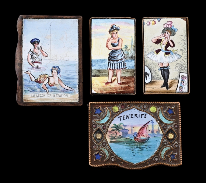 COLLECTION OF 4: FRENCH BRASS & ENAMEL MATCH SAFES