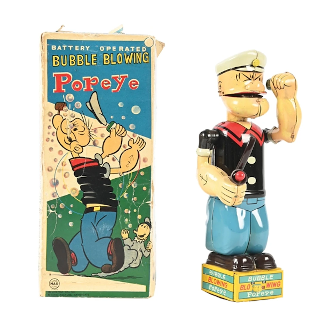 LINEMAR BATTERY OPERATED BUBBLE BLOWING POPEYE WITH ORIG. BOX