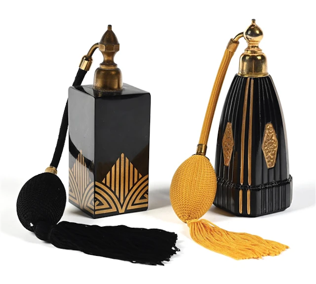 LOT OF 2: MARCEL FRANCK BLACK & GOLD ART DECO PERFUME ATOMIZERS