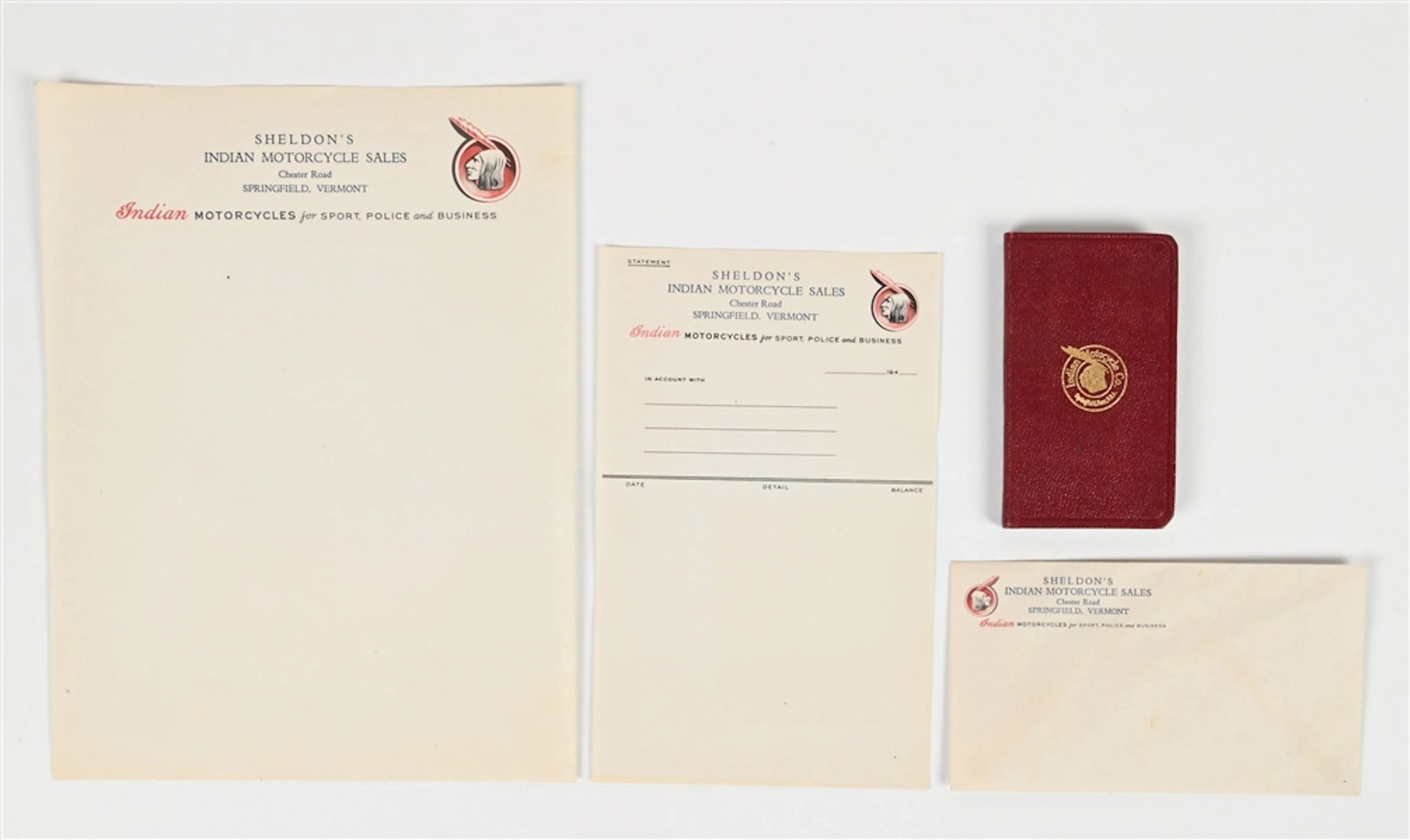 COLLECTION OF 4: SHELDON'S INDIAN MOTORCYCLE SALES FORMS, ENVELOPE