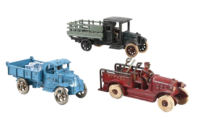 LOT OF 3: ARCADE CAST IRON STAKE AND ICE TRUCK AND KENTON PATROL TRUCK