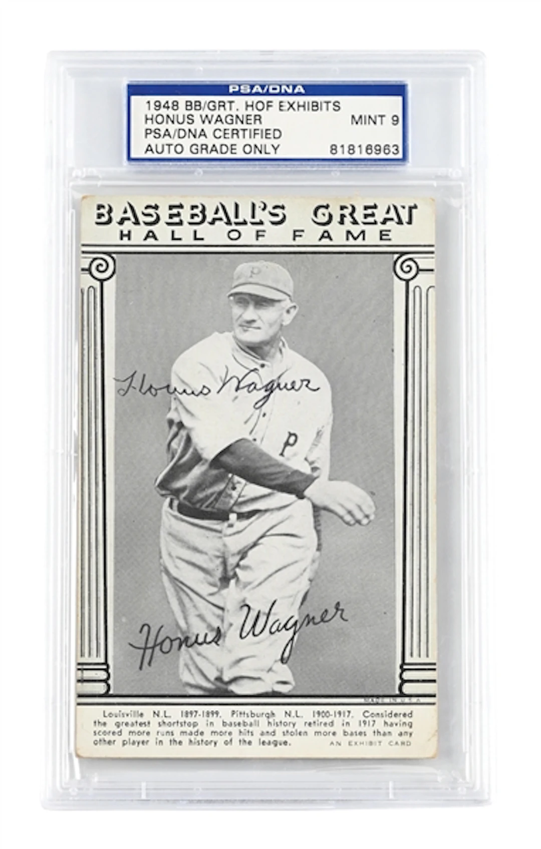 1948 HOF EXHIBITS HONUS WAGNER SIGNED PSA MT 9