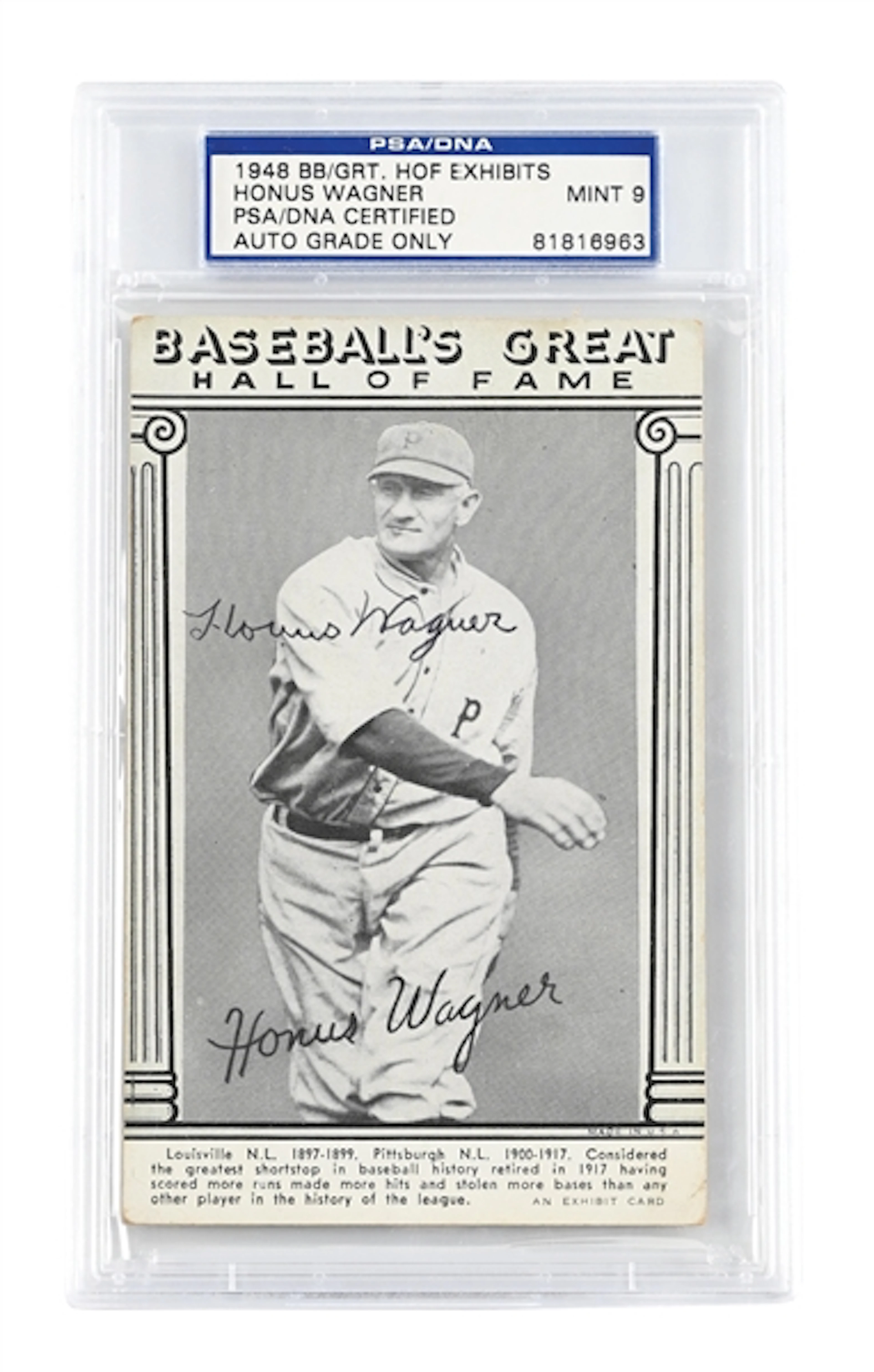 1948 HOF EXHIBITS HONUS WAGNER SIGNED PSA MT 9
