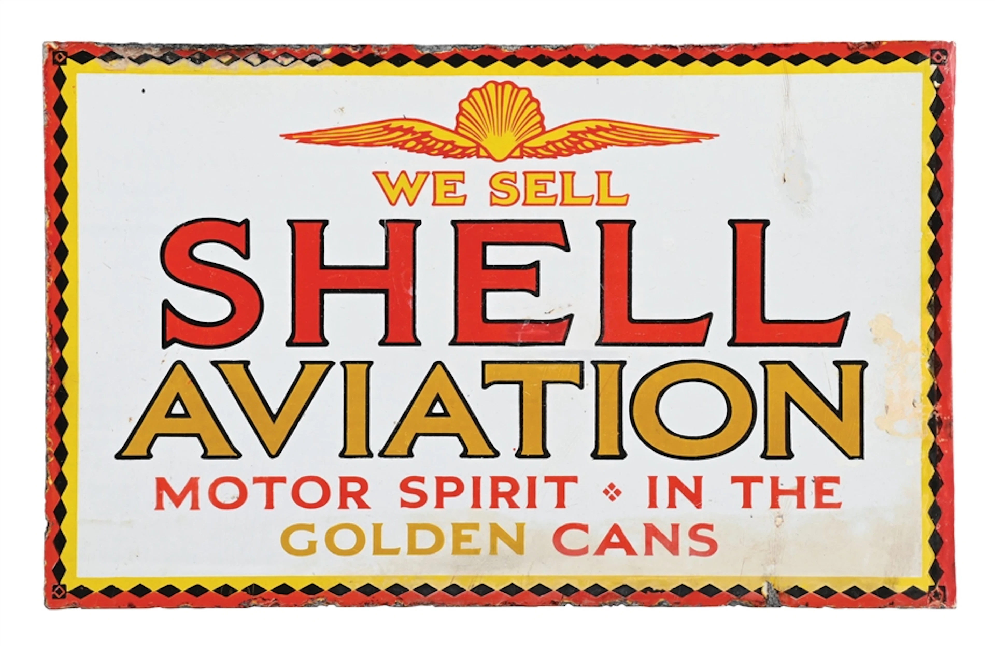 WE SELL SHELL AVIATION MOTOR SPIRIT IN THE GOLDEN CANS PORCELAIN FLANGE SIGN