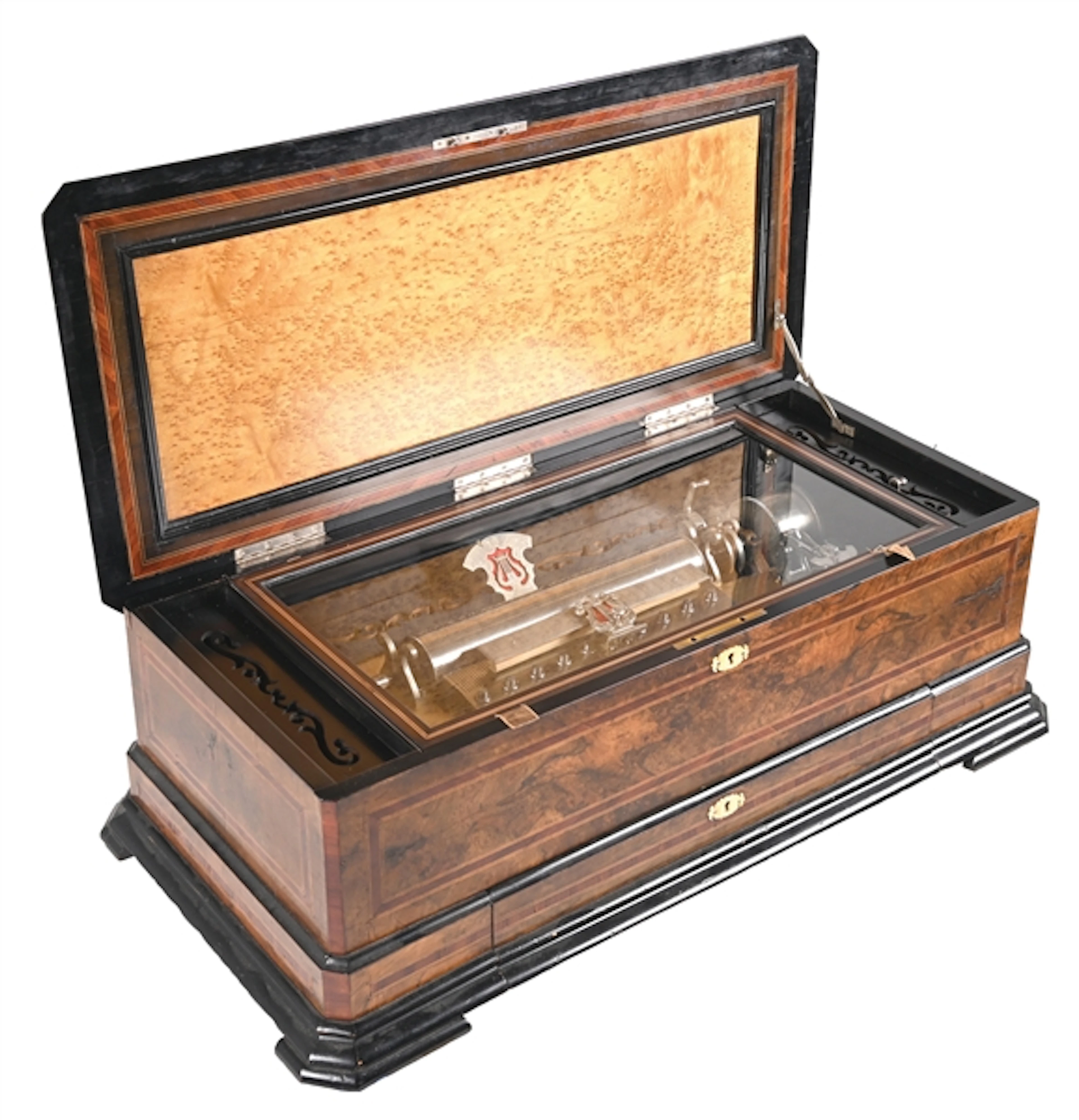 BEAUTIFUL SWISS LARGE FORMAT CYLINDER MUSIC BOX WITH 4 INTERCHANGEABLE