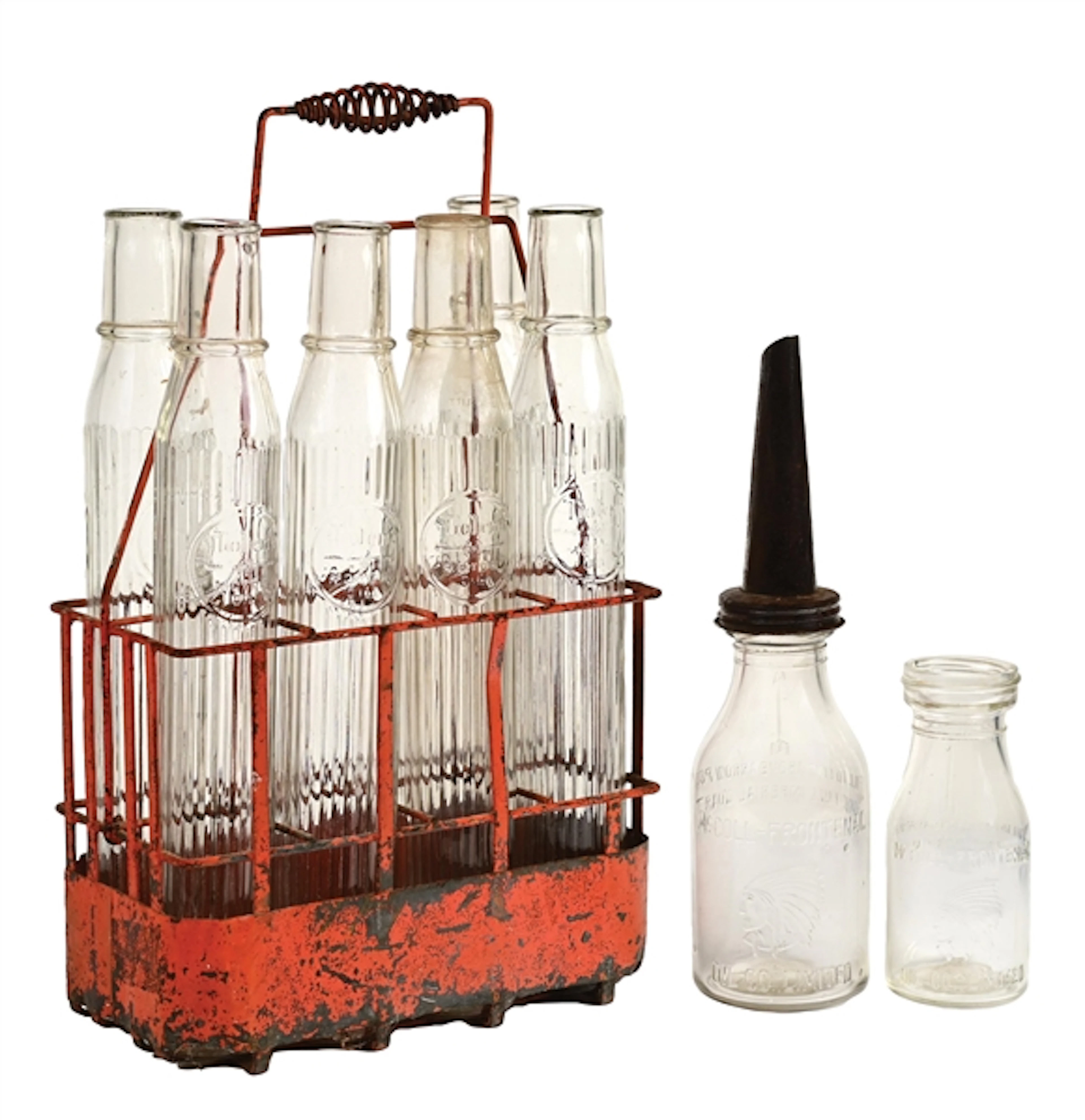 COLLECTION OF 8: TIOLENE & MCCALL FRONTENAC GLASS OIL BOTTLES WITH CARRIER