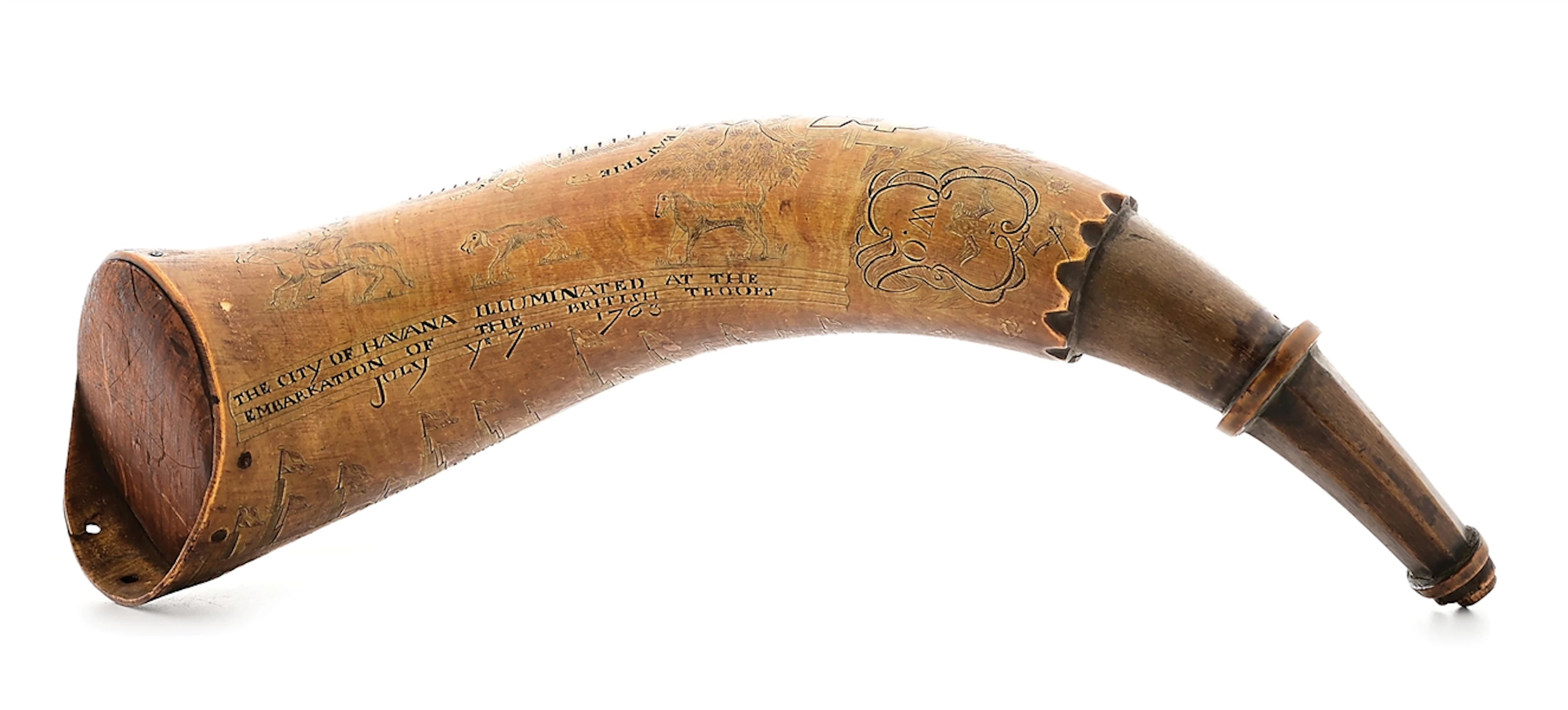 EXCEPTIONAL, RARE, UNTOUCHED, LARGE ENGRAVED HAVANA MAP POWDER HORN