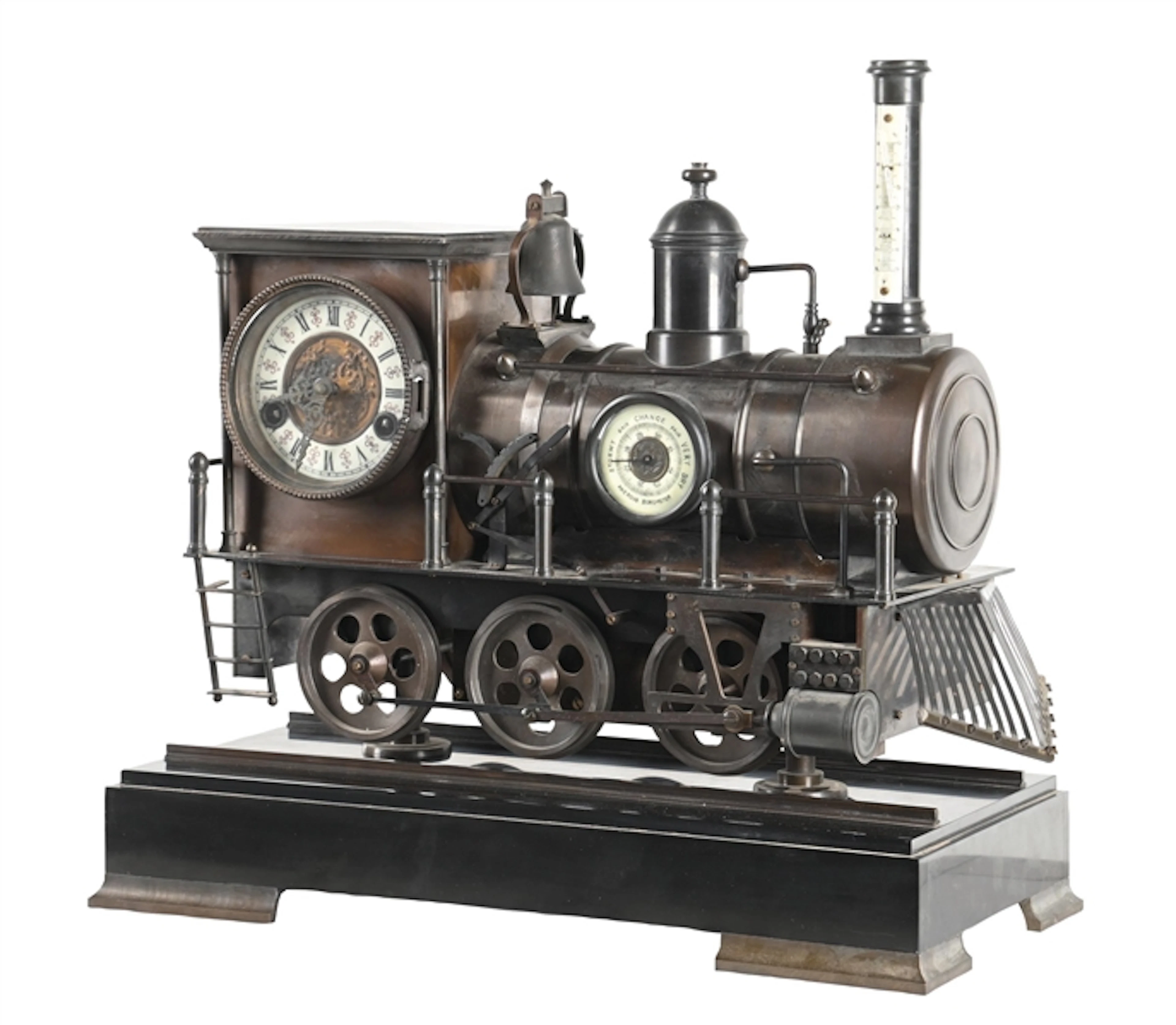 VICTORIAN FIGURAL STEAM LOCOMOTIVE CLOCK WITH BAROMETER AND THERMOMETER