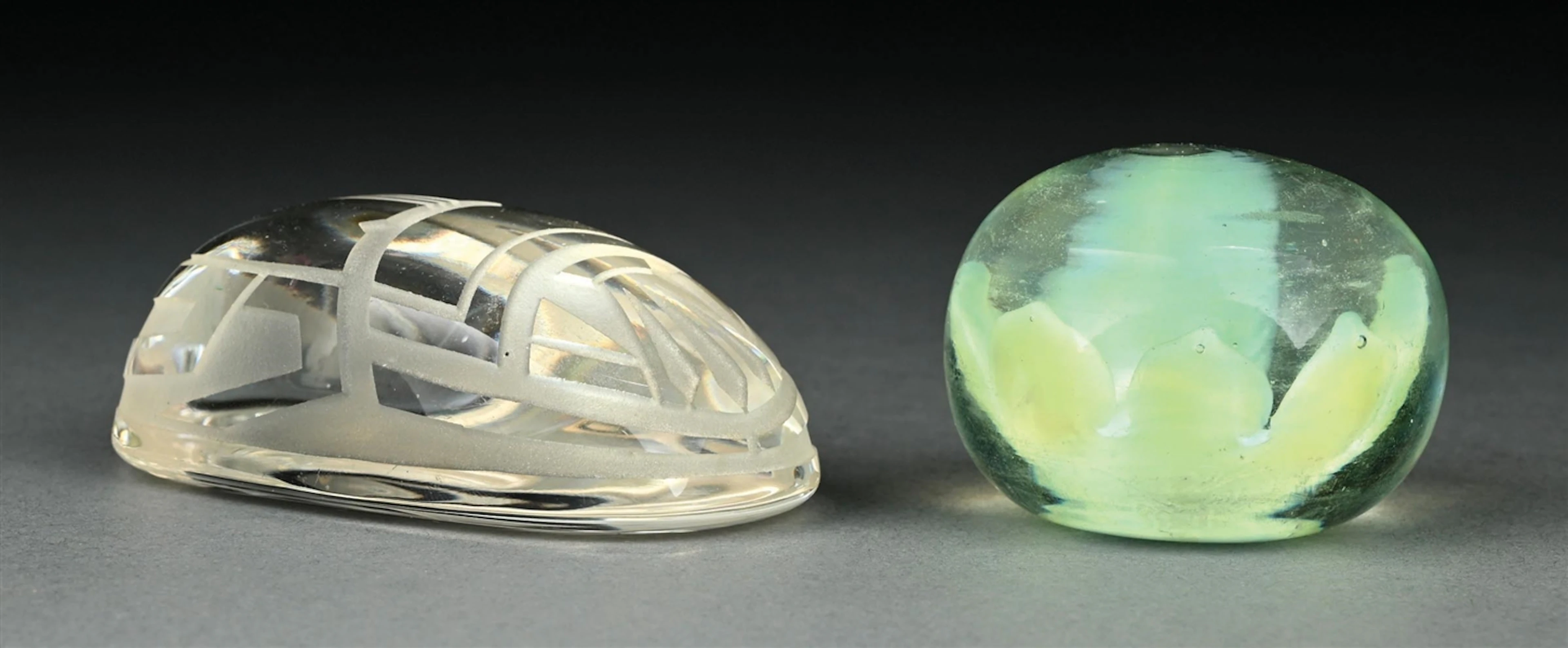 COLLECTION OF 2: TIFFANY STUDIOS CARVED FROSTED GLASS SCARAB & CLEAR