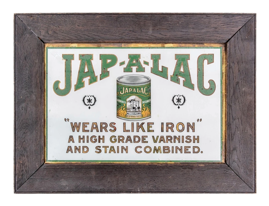 JAP-A-LAC REVERSE PAINTED GLASS SIGN W/ JAP-A-LAC CAN GRAPHIC