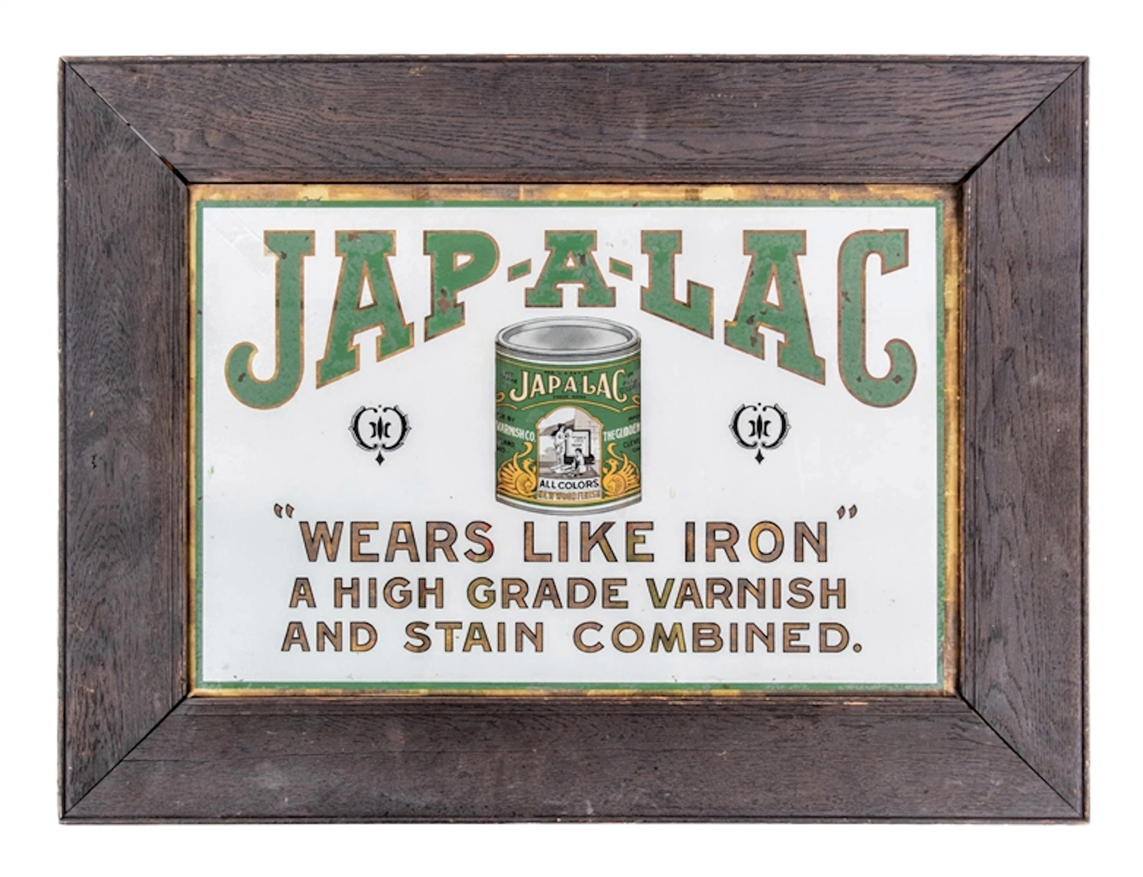 JAP-A-LAC REVERSE PAINTED GLASS SIGN W/ JAP-A-LAC CAN GRAPHIC