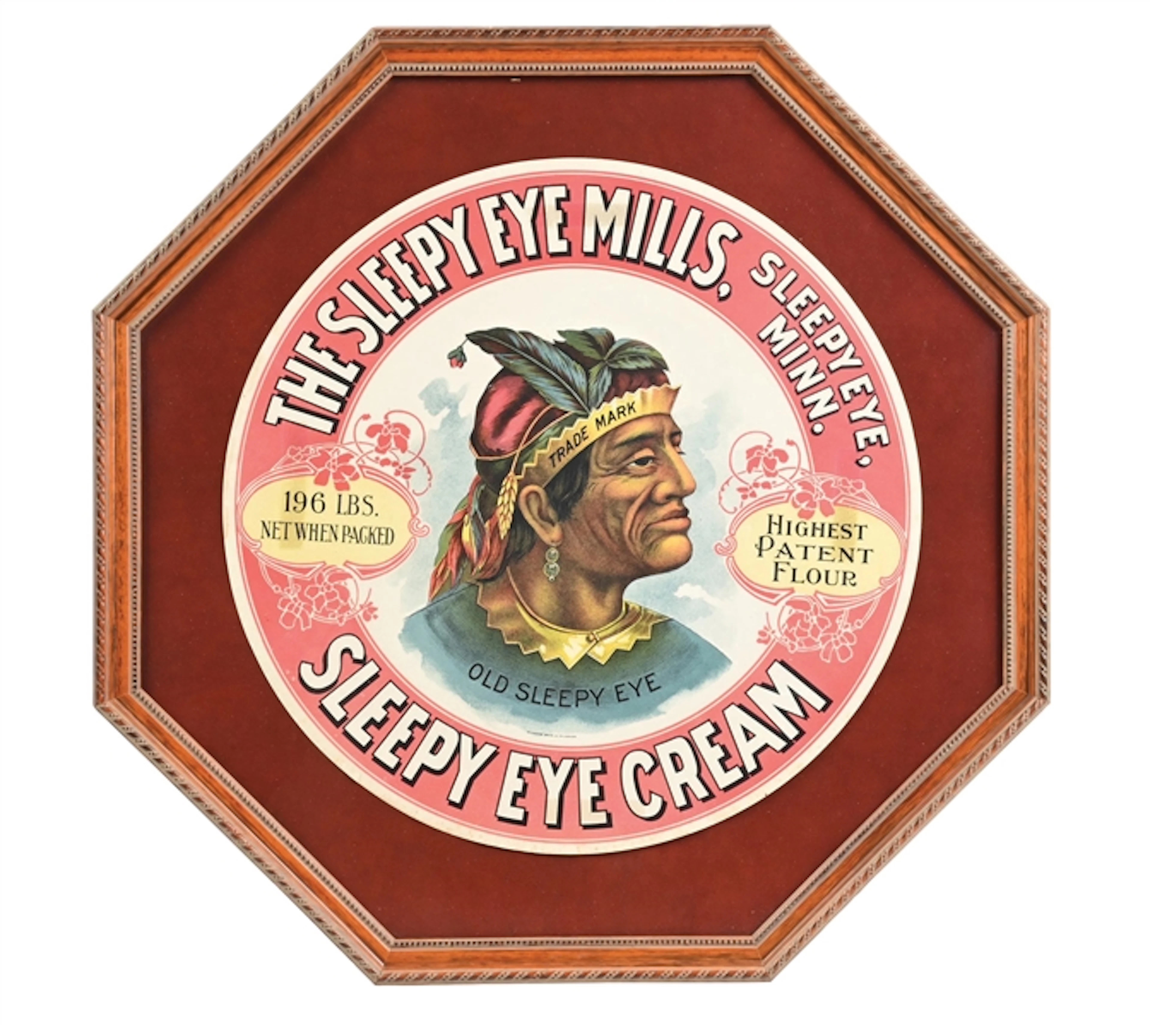 RARE OLD SLEEPY EYE FLOUR FRAMED DISPLAY BARREL SIGN.