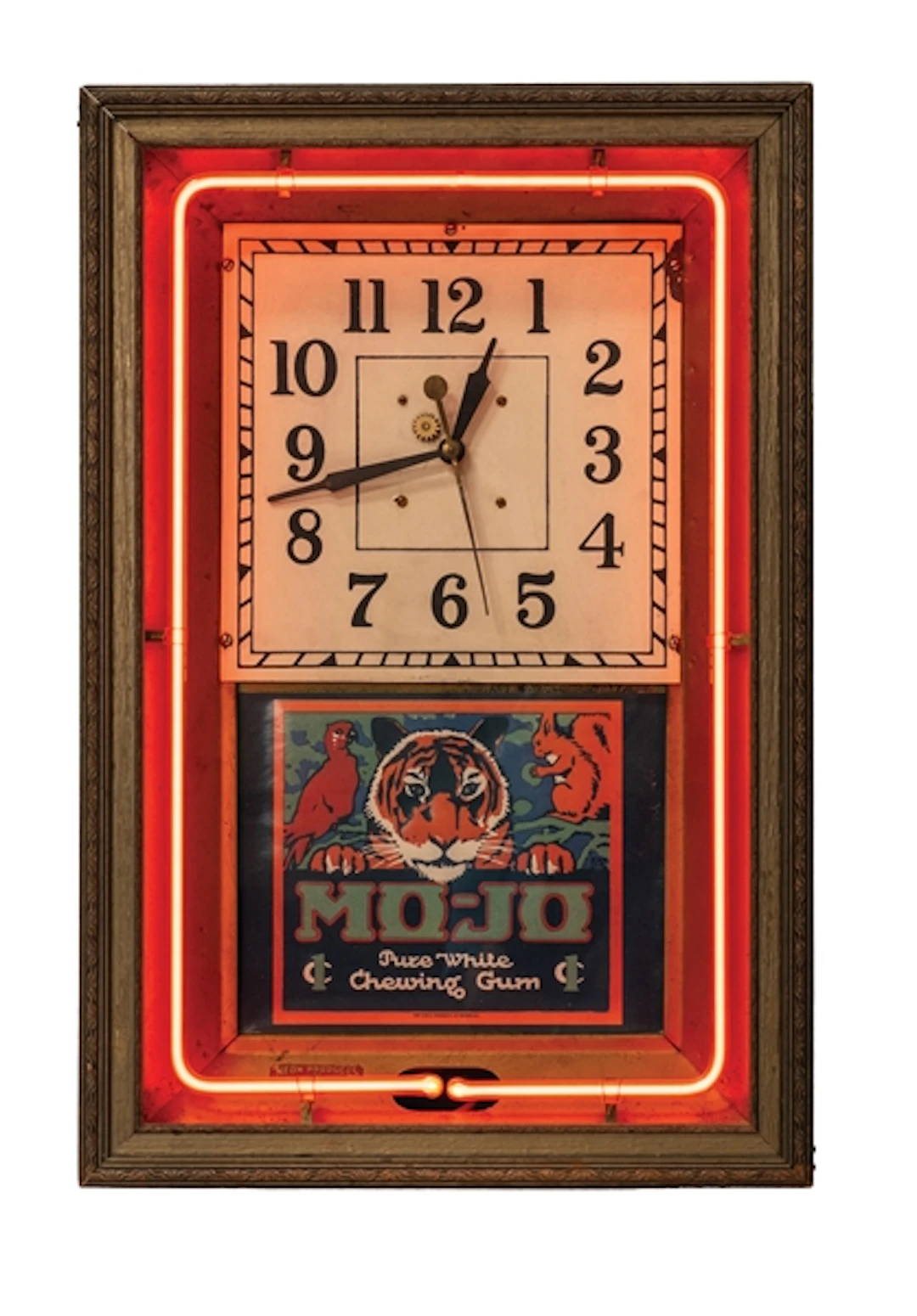 AN ORIGINAL NEON WALL CLOCK W/ ADDED MO-JO CHEWING GUM ADVERTISING