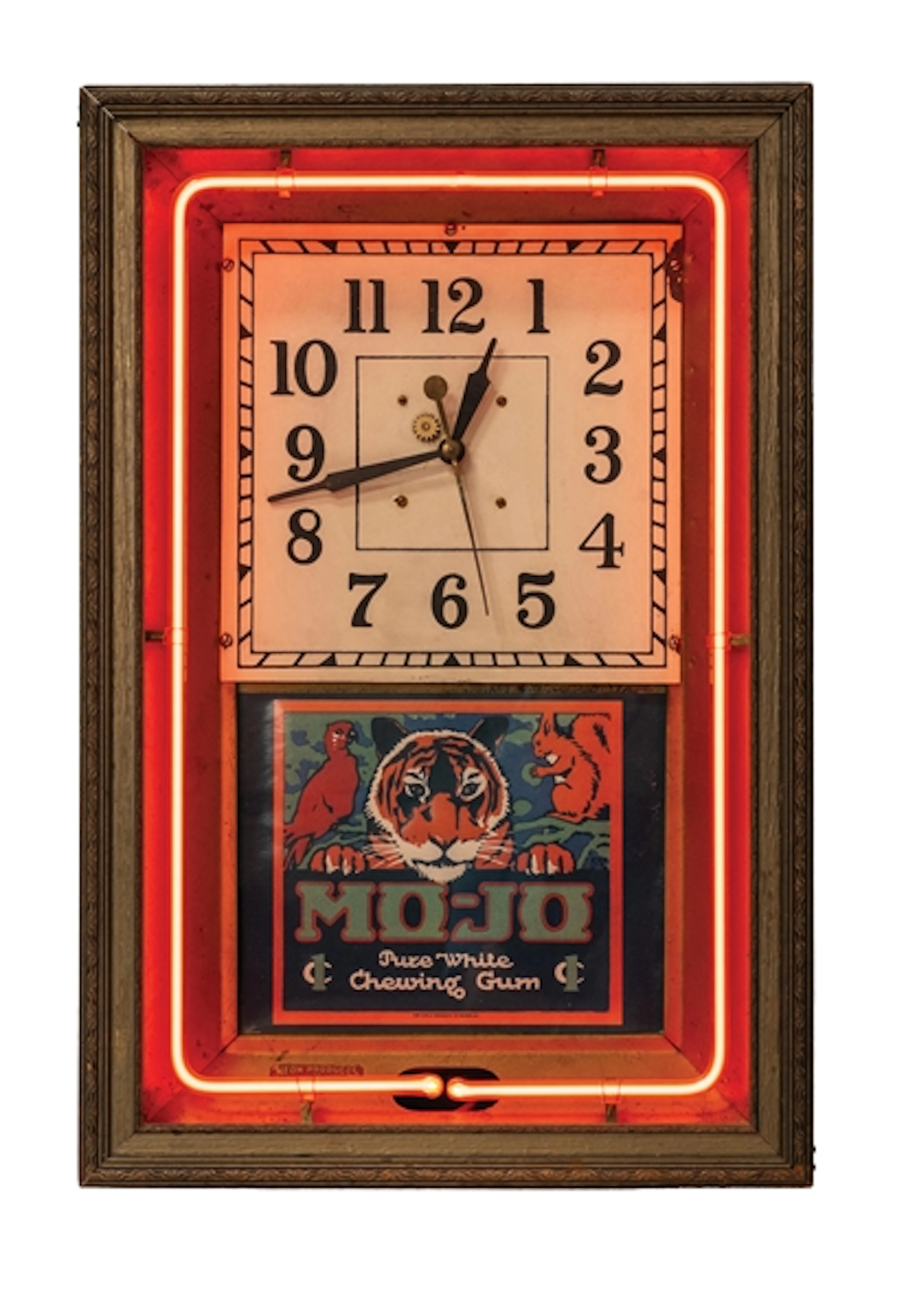 AN ORIGINAL NEON WALL CLOCK W/ ADDED MO-JO CHEWING GUM ADVERTISING