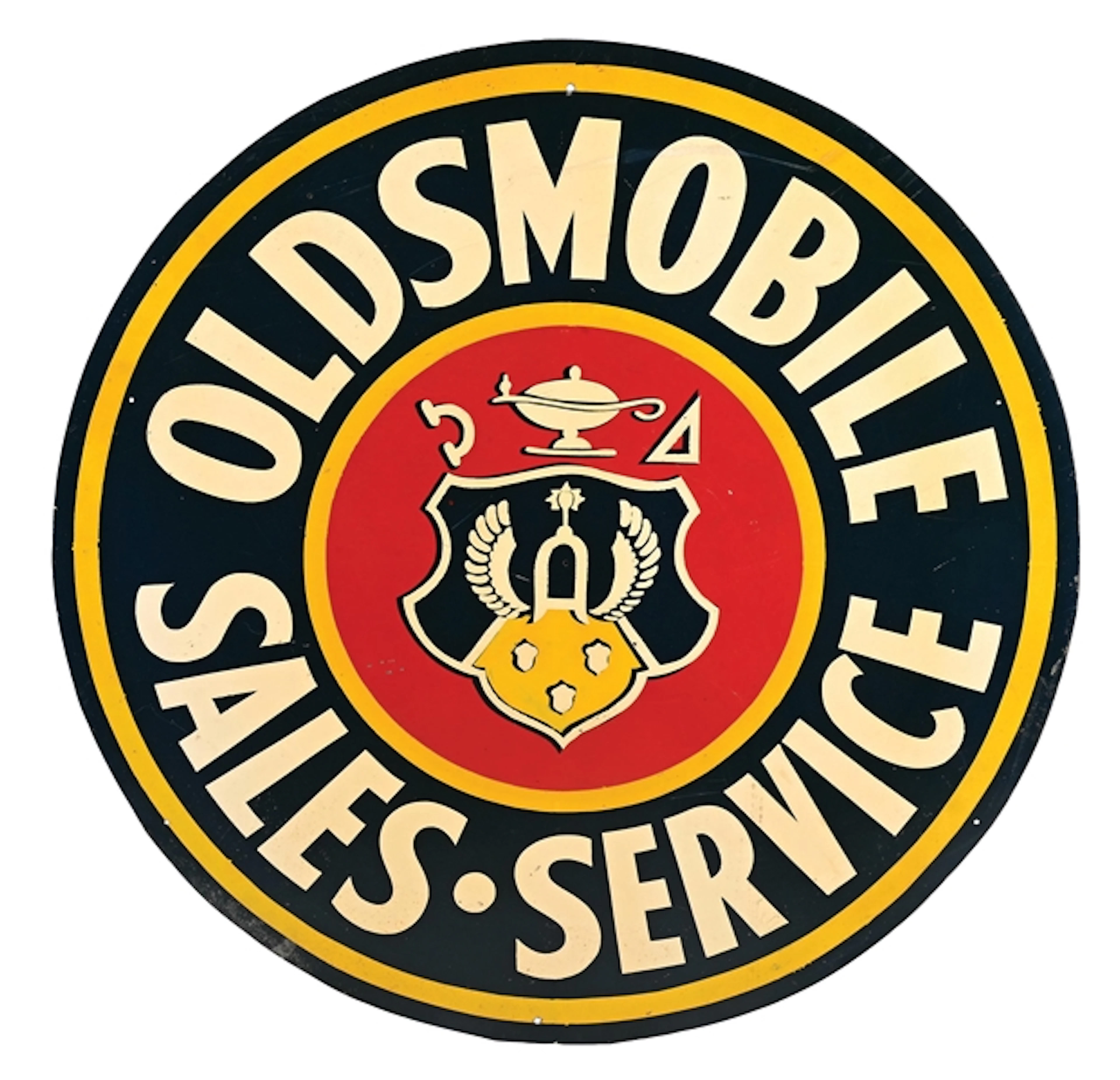 RARE OLDSMOBILE SALES & SERVICE TIN SIGN W/ CREST GRAPHIC.