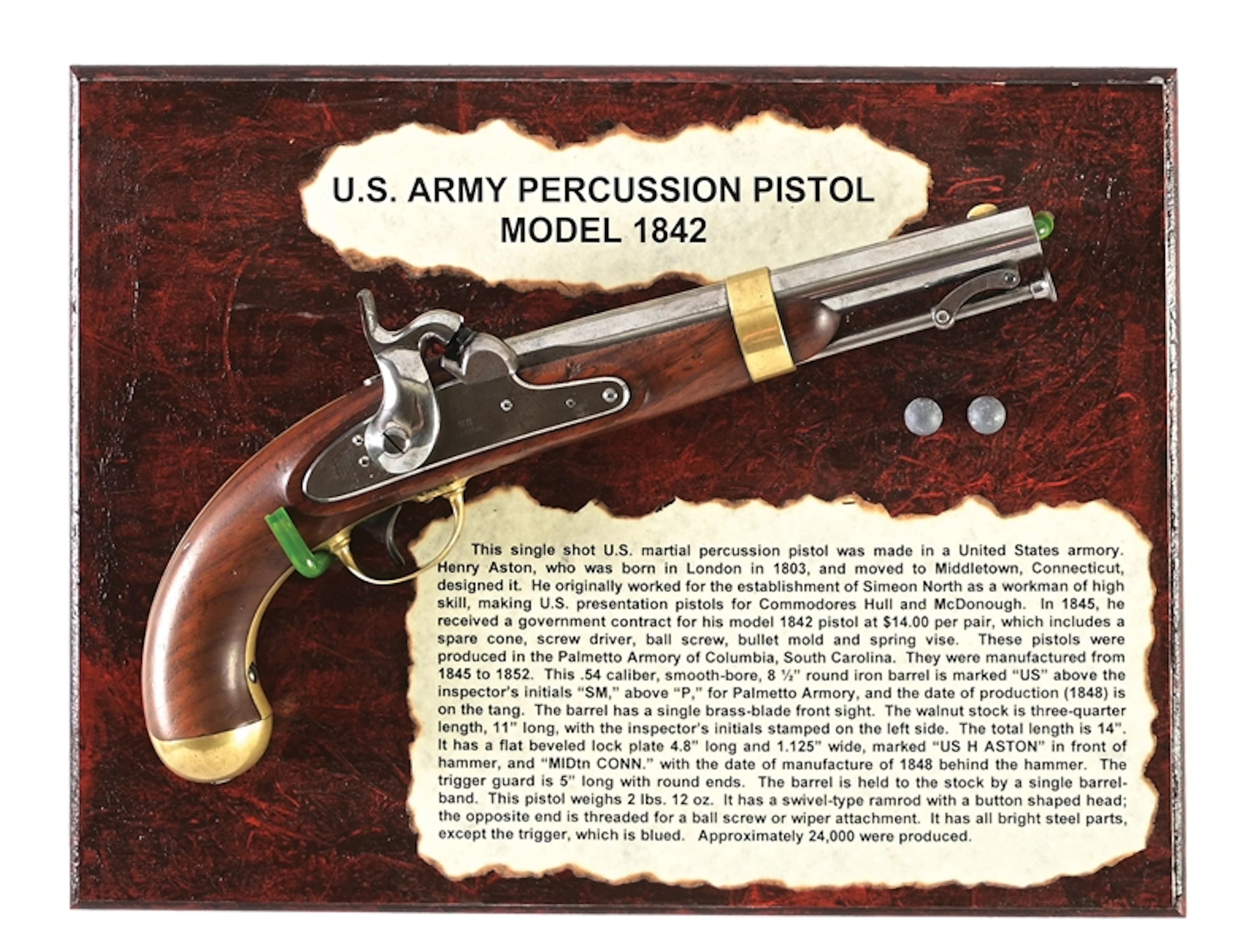 (A) US MODEL 1842 PERCUSSION PISTOL BY HENRY ASTON WITH DISPLAY.