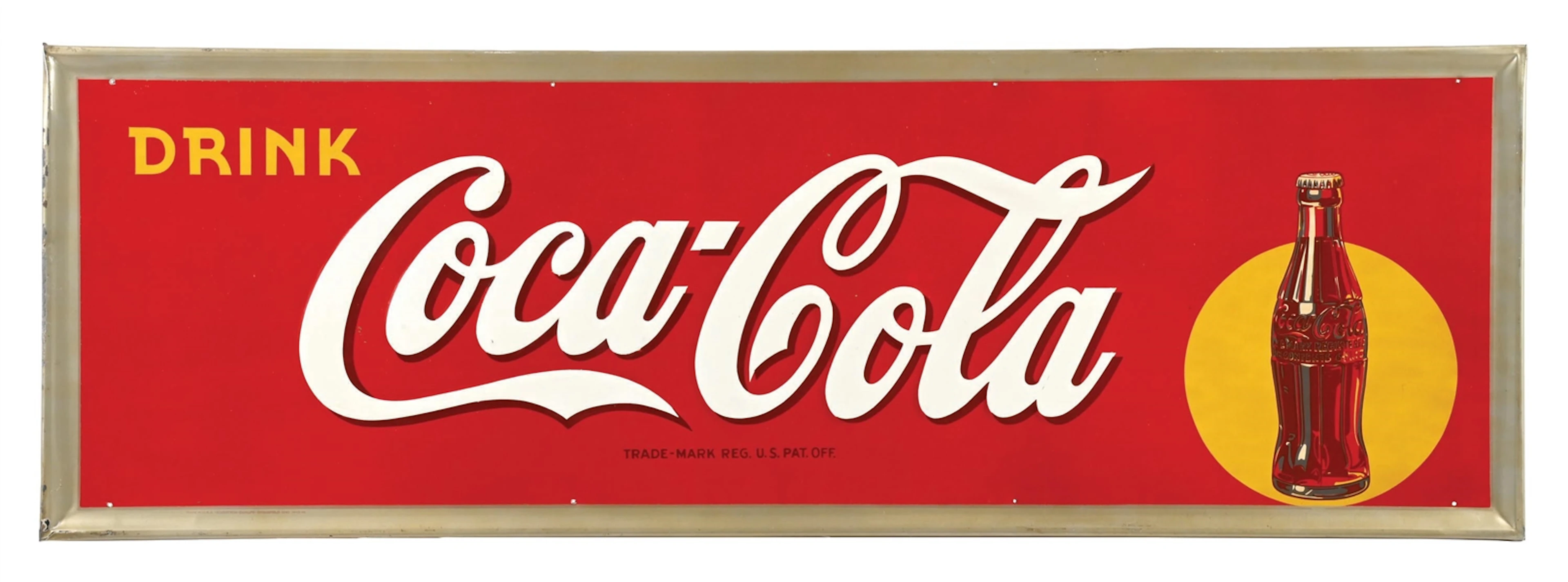 DRINK COCA-COLA SELF FRAMED EMBOSSED TIN SIGN W/ BOTTLE & SUNSPOT GRAPHIC.