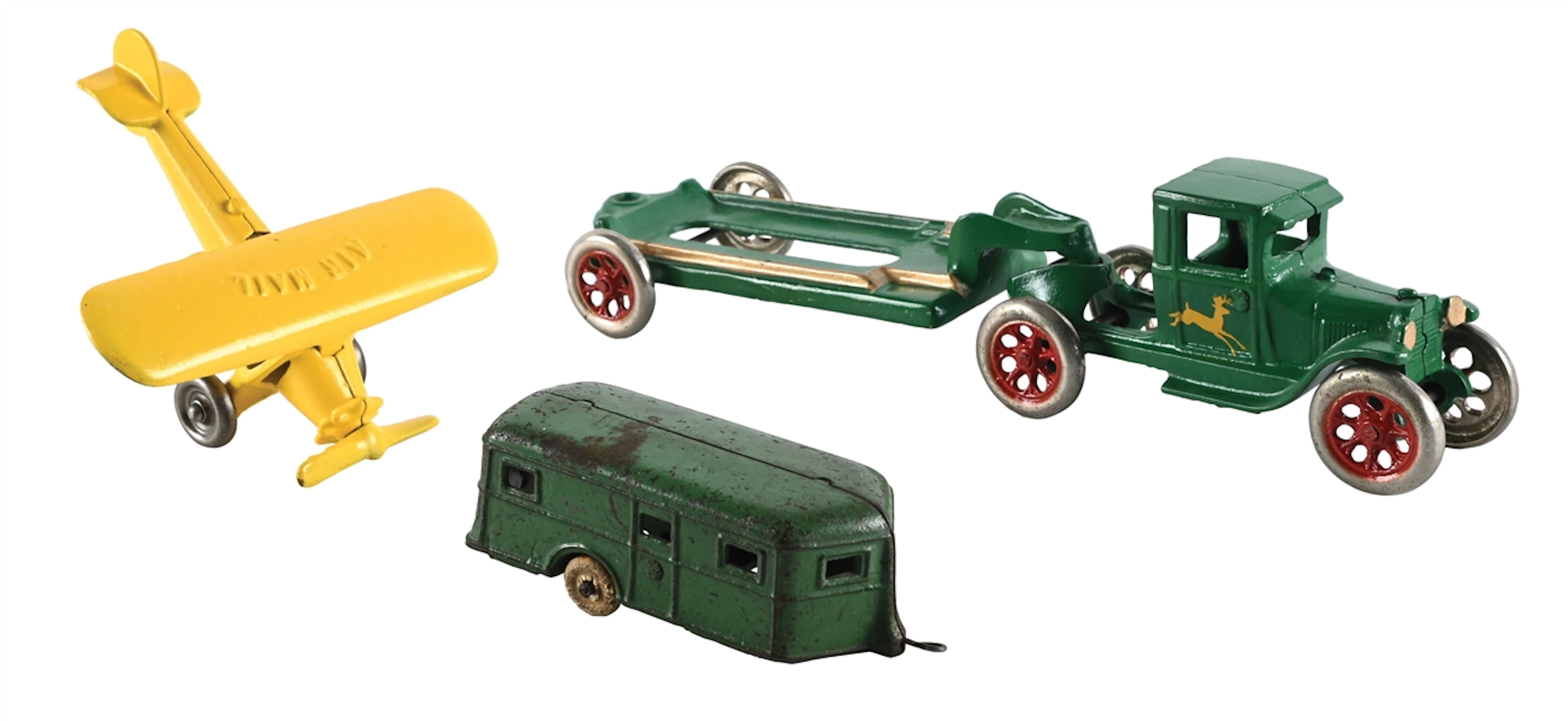 LOT OF 4: CAST IRON TOY VEHICLES INCLUDING RESTORED AIR MAIL AIRPLANE