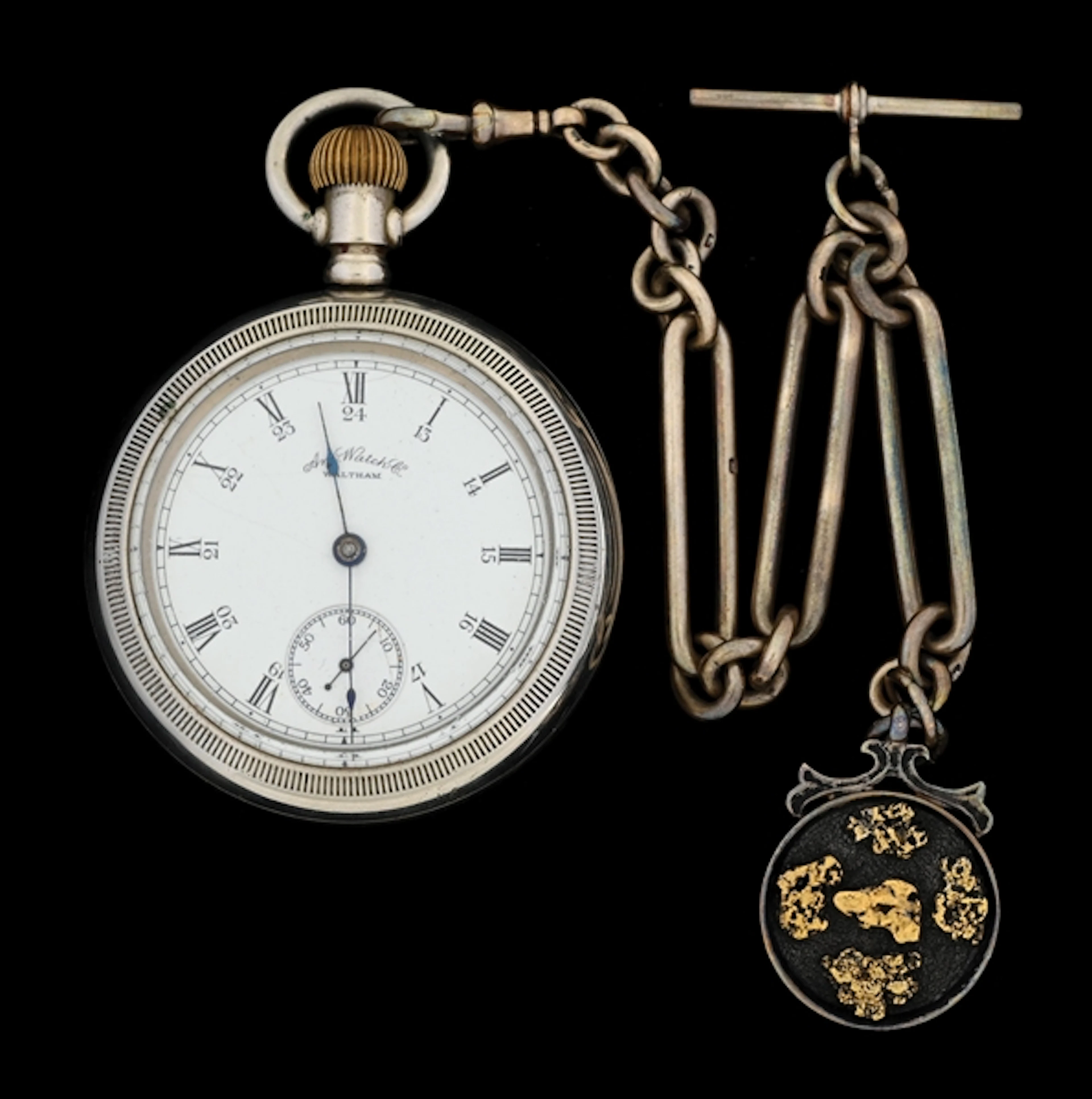 NICKEL SILVER WALTHAM O/F POCKET WATCH W/CHAIN & GOLD NUGGET FOB