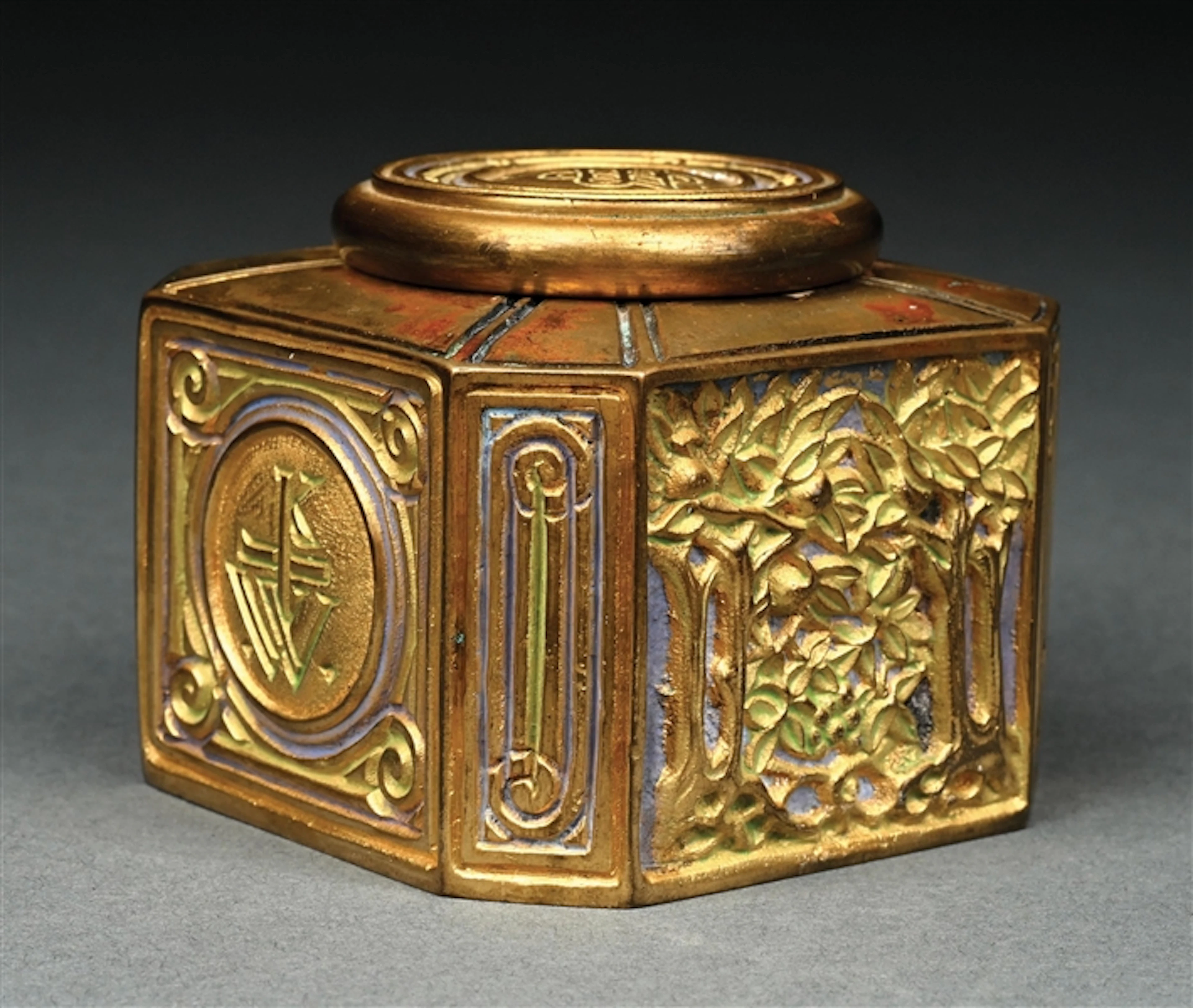 TIFFANY STUDIOS BRONZE INKWELL W/ BOOKMARK PATTERN