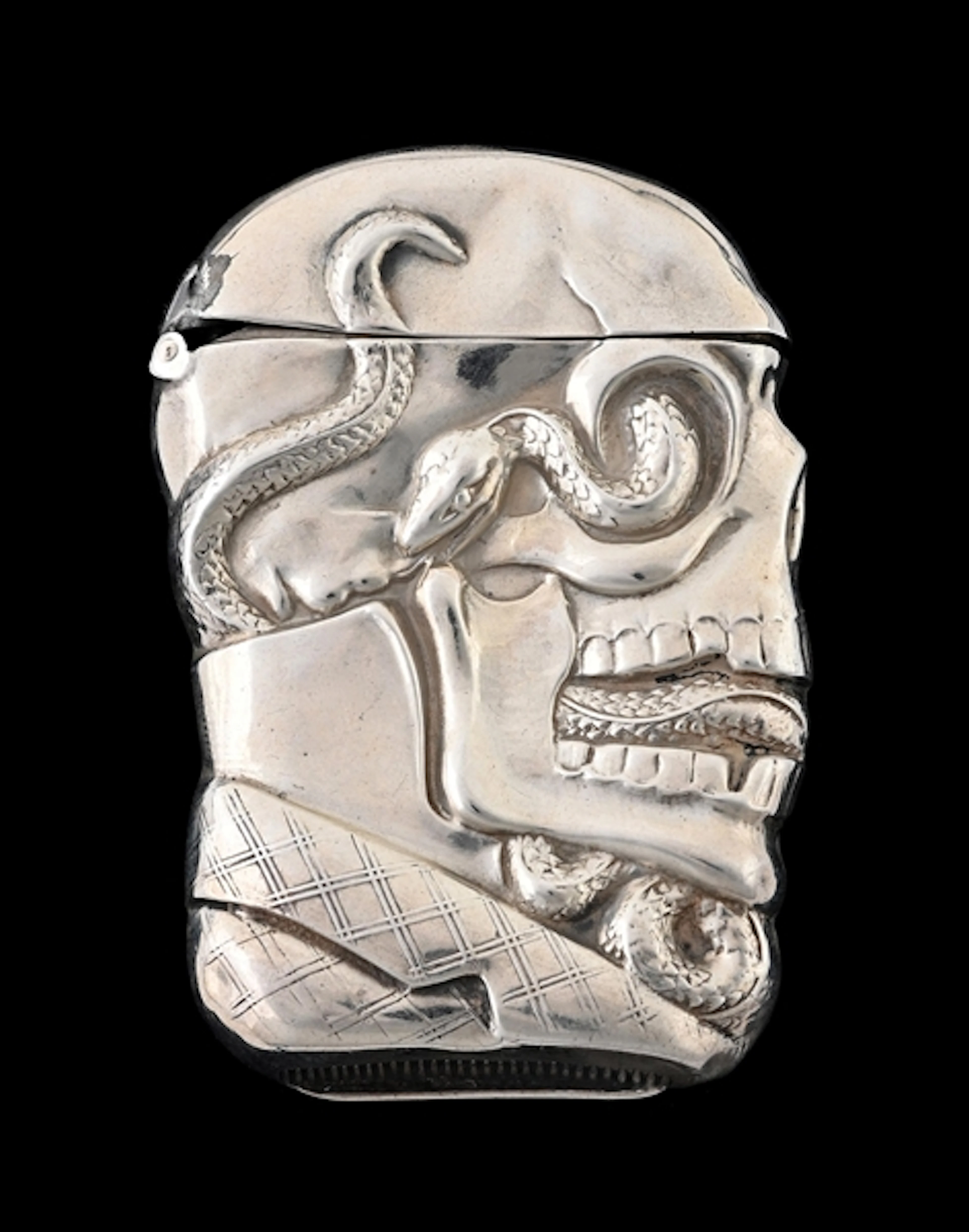 WEBSTER CO. SKULL WITH SNAKE STERLING SILVER MATCH SAFE