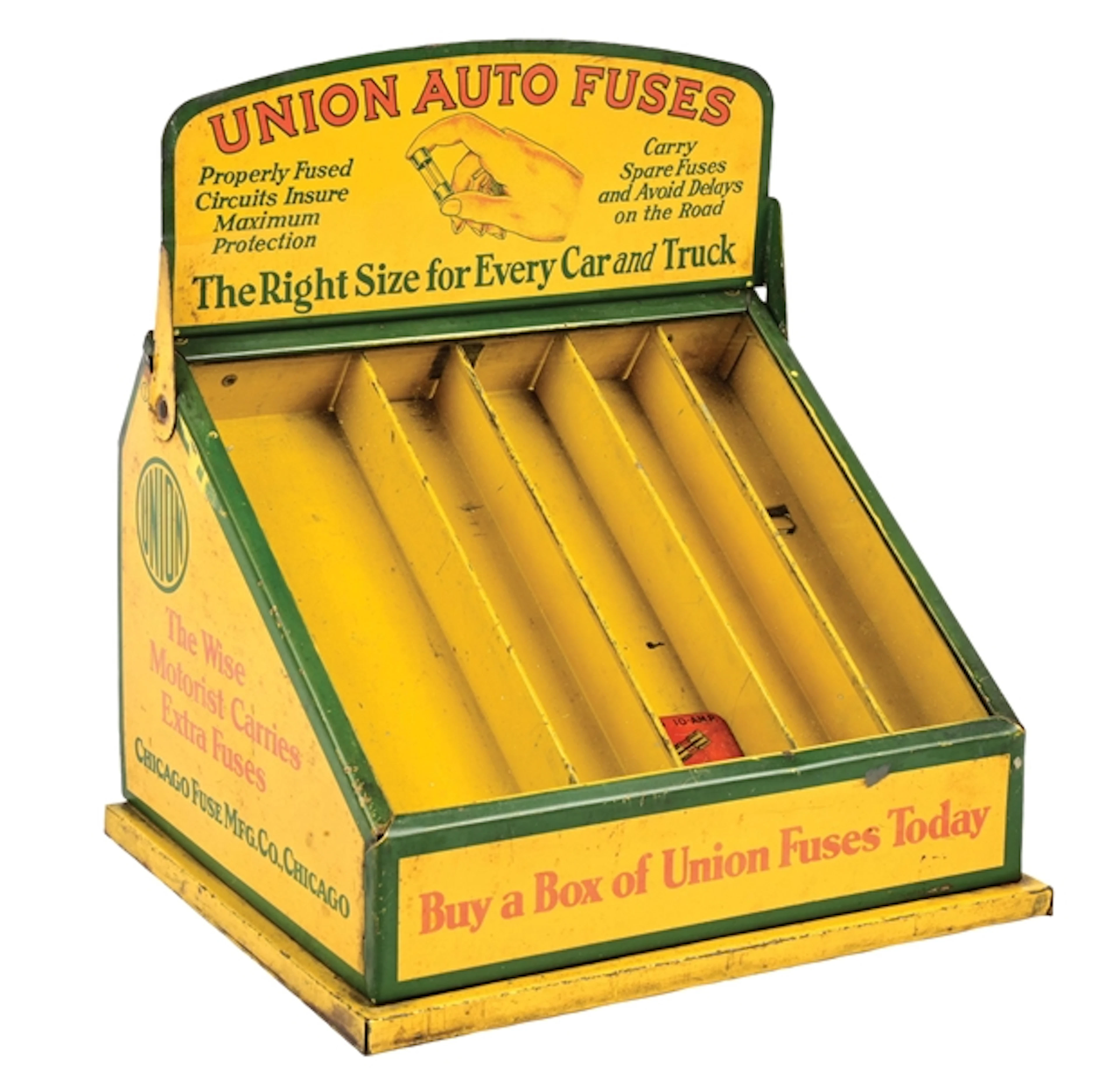UNION AUTO FUSES TIN FUSE BOX STORE DISPLAY W/ GLASS FACE.