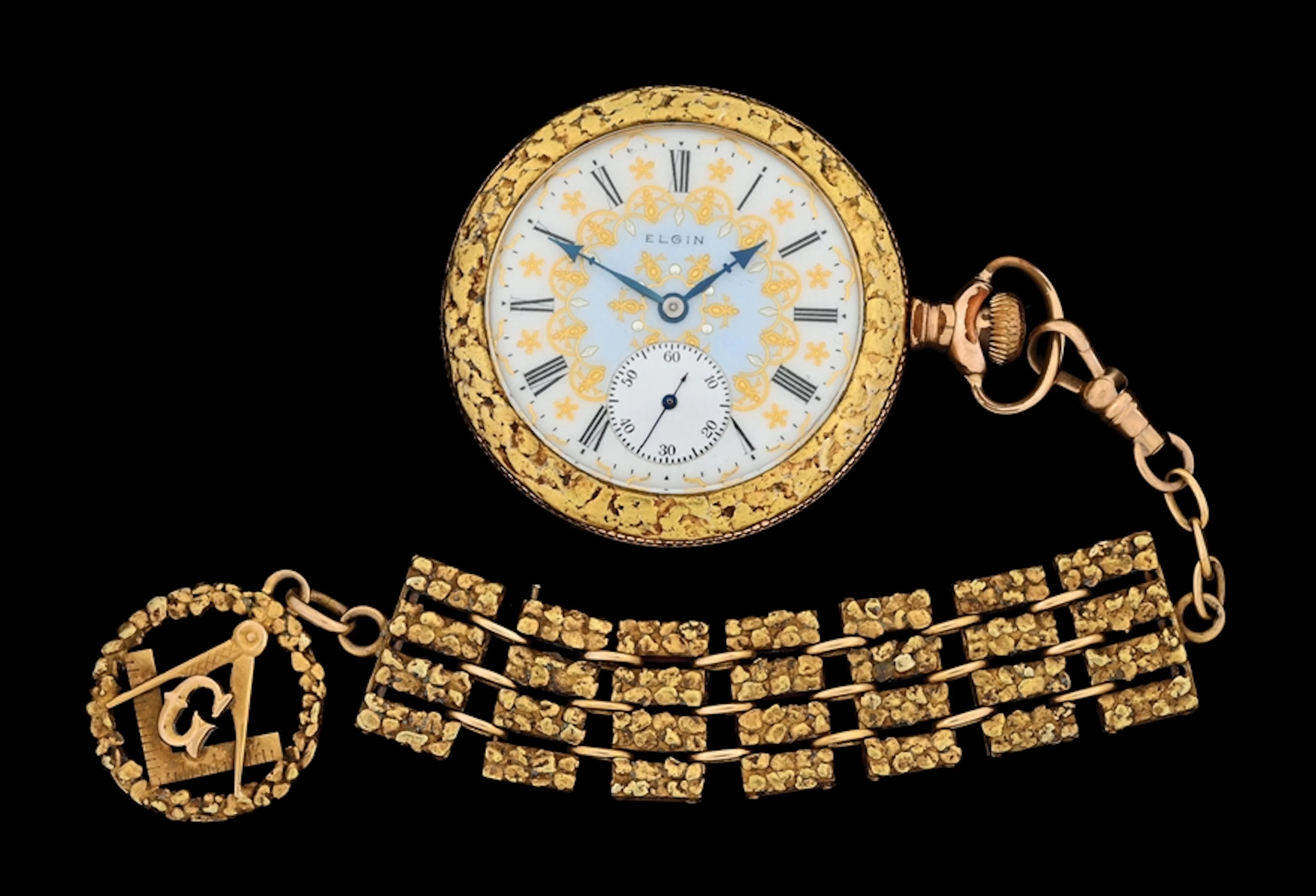 NATURAL GOLD NUGGET O/F ELGIN/NY STANDARD POCKET WATCH W/CHAIN & MASONIC FOB