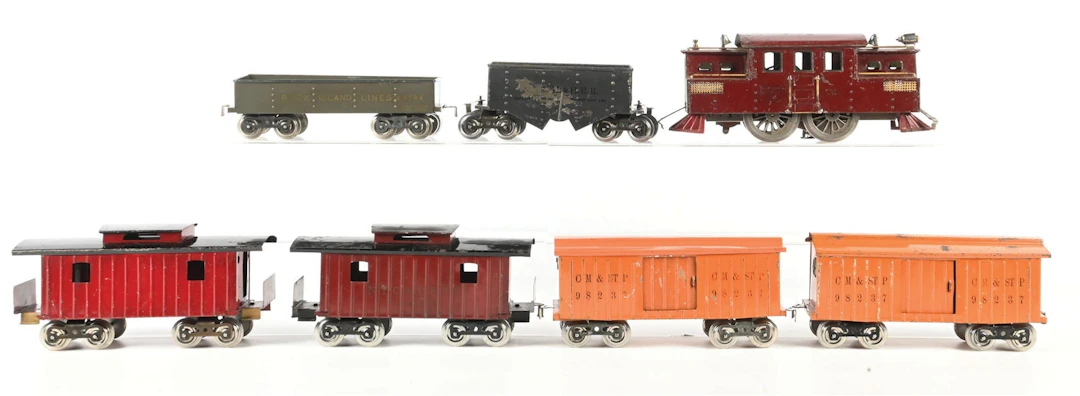 LIONEL PREWAR STD. GAUGE NO. 53 ELECTRIC LOCOMOTIVE AND SIX ASSORTED