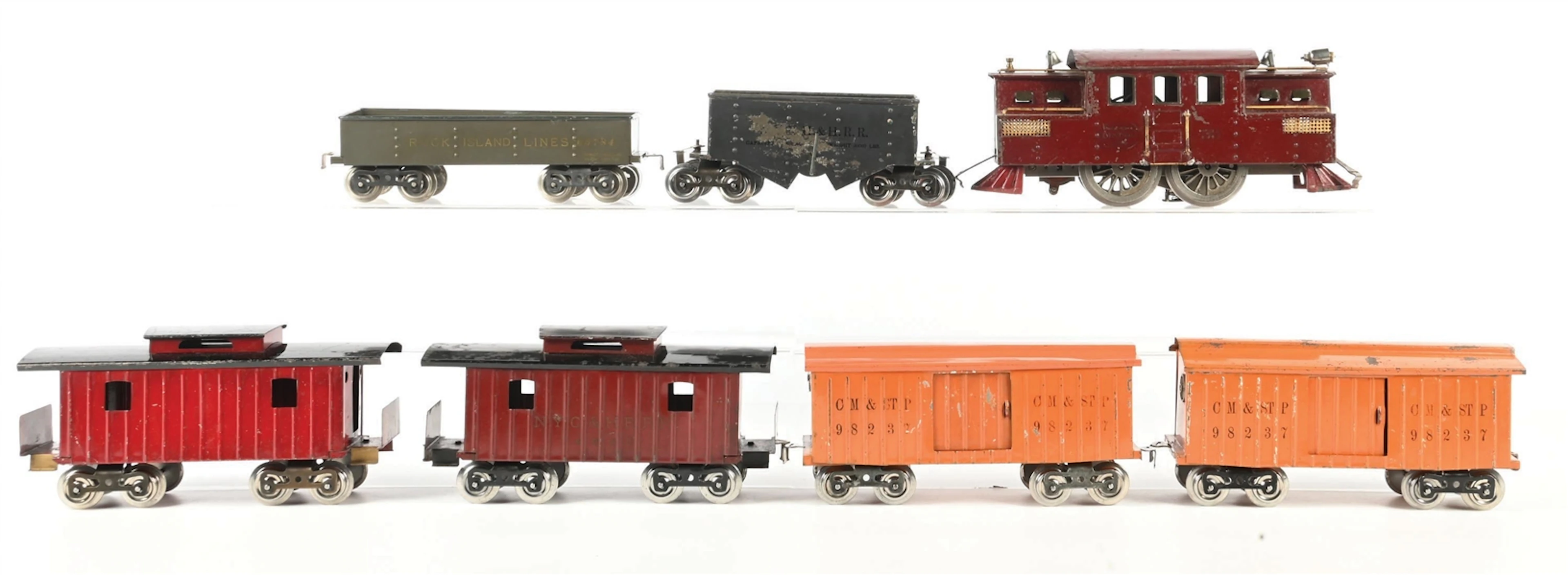 LIONEL PREWAR STD. GAUGE NO. 53 ELECTRIC LOCOMOTIVE AND SIX ASSORTED