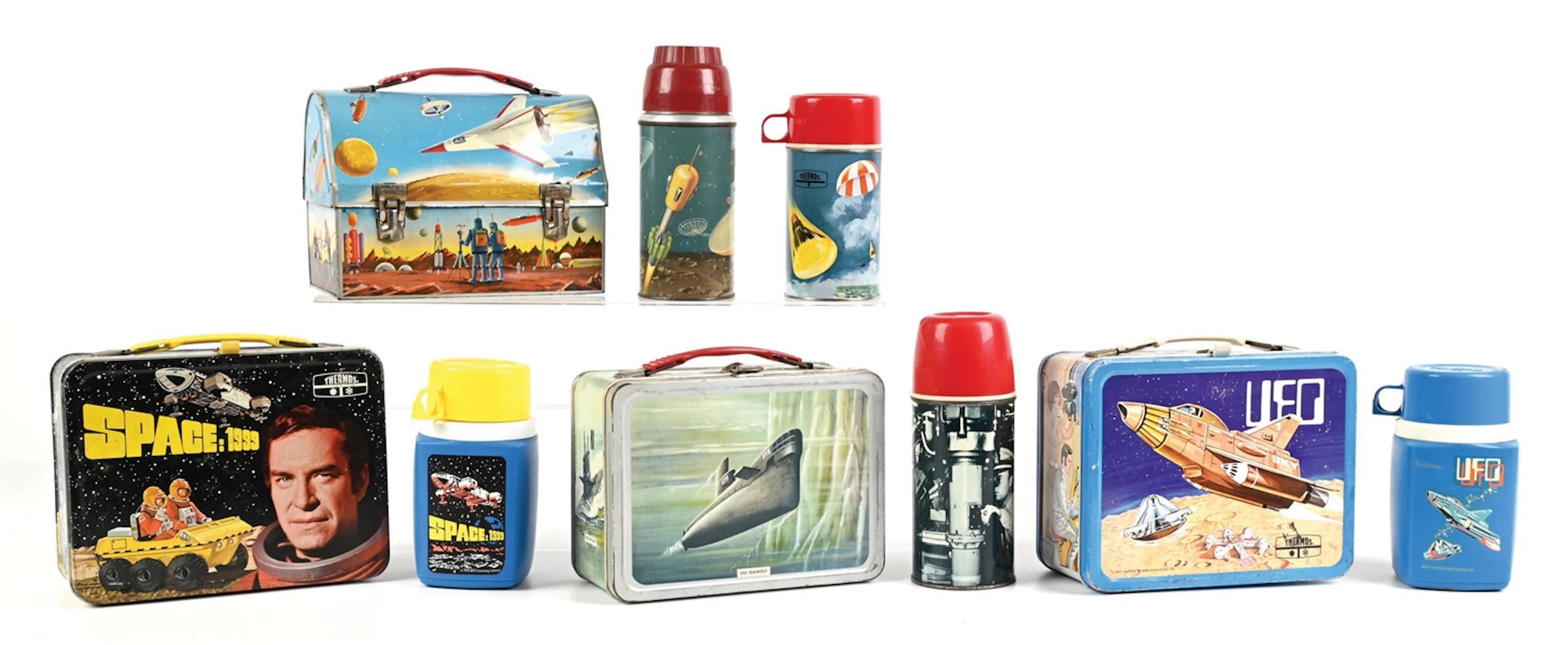 LOT OF 5: SPACE: 1999, UFO, ATOMIC SUBMARINE, DOME-TOP SPACE LUNCHBOXES