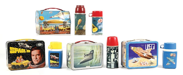 LOT OF 5: SPACE: 1999, UFO, ATOMIC SUBMARINE, DOME-TOP SPACE LUNCHBOXES