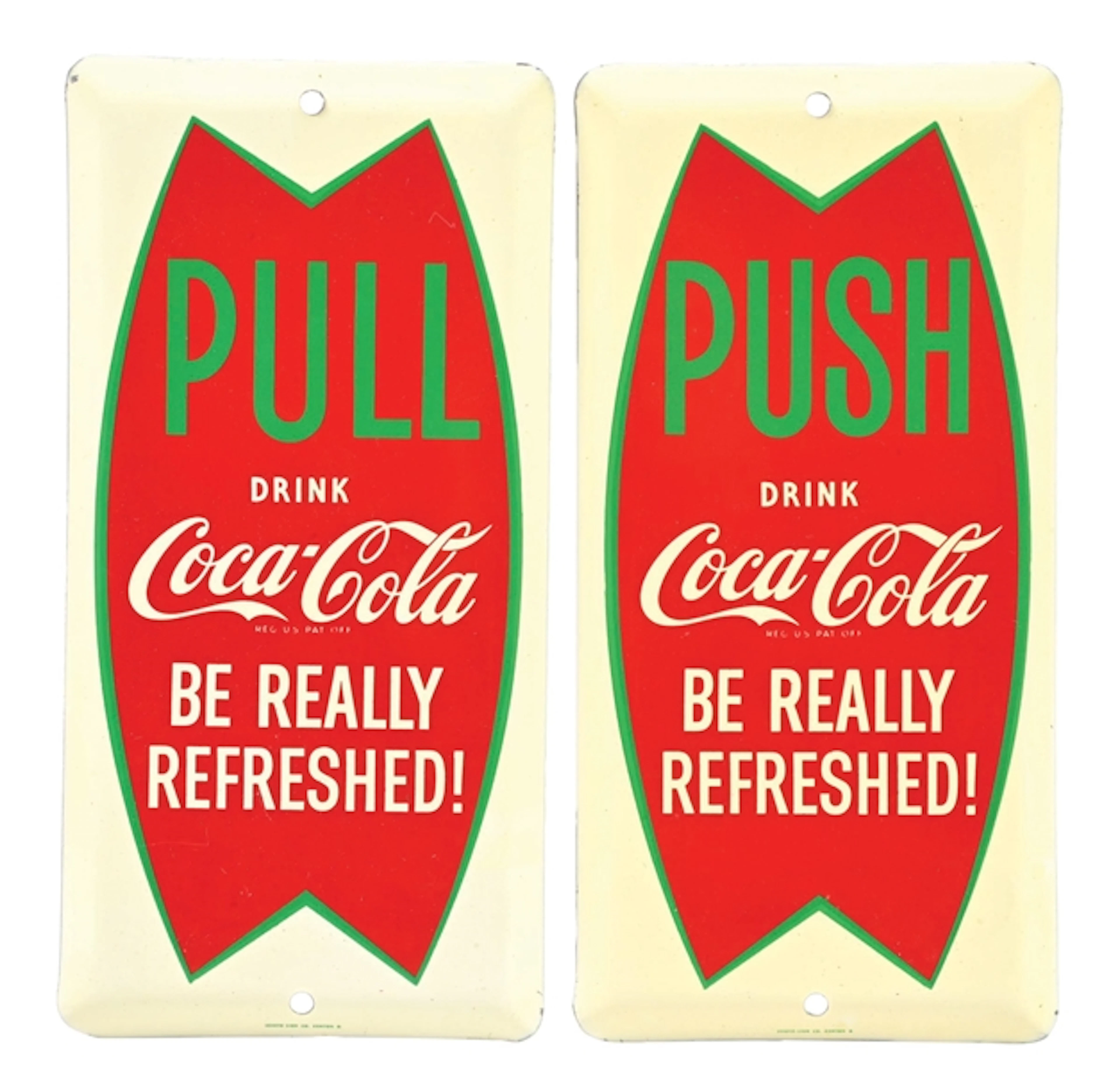 COLLECTION OF 2: COCA-COLA PALM PRESS SIGNS W/ FISHTAIL GRAPHIC
