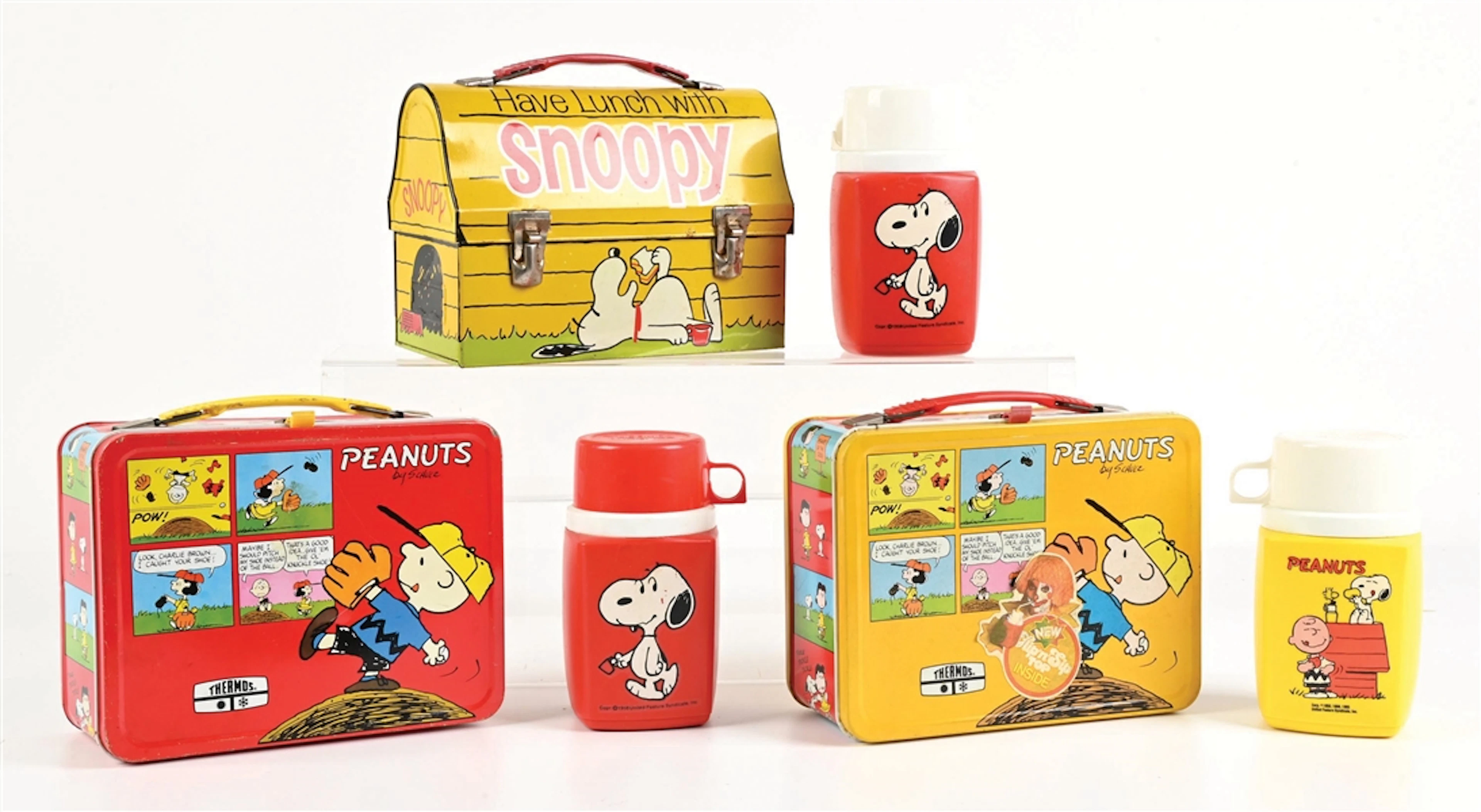LOT OF 3: DOME-TOP "GO TO SCHOOL WITH SNOOPY," YELLOW PEANTS & RED