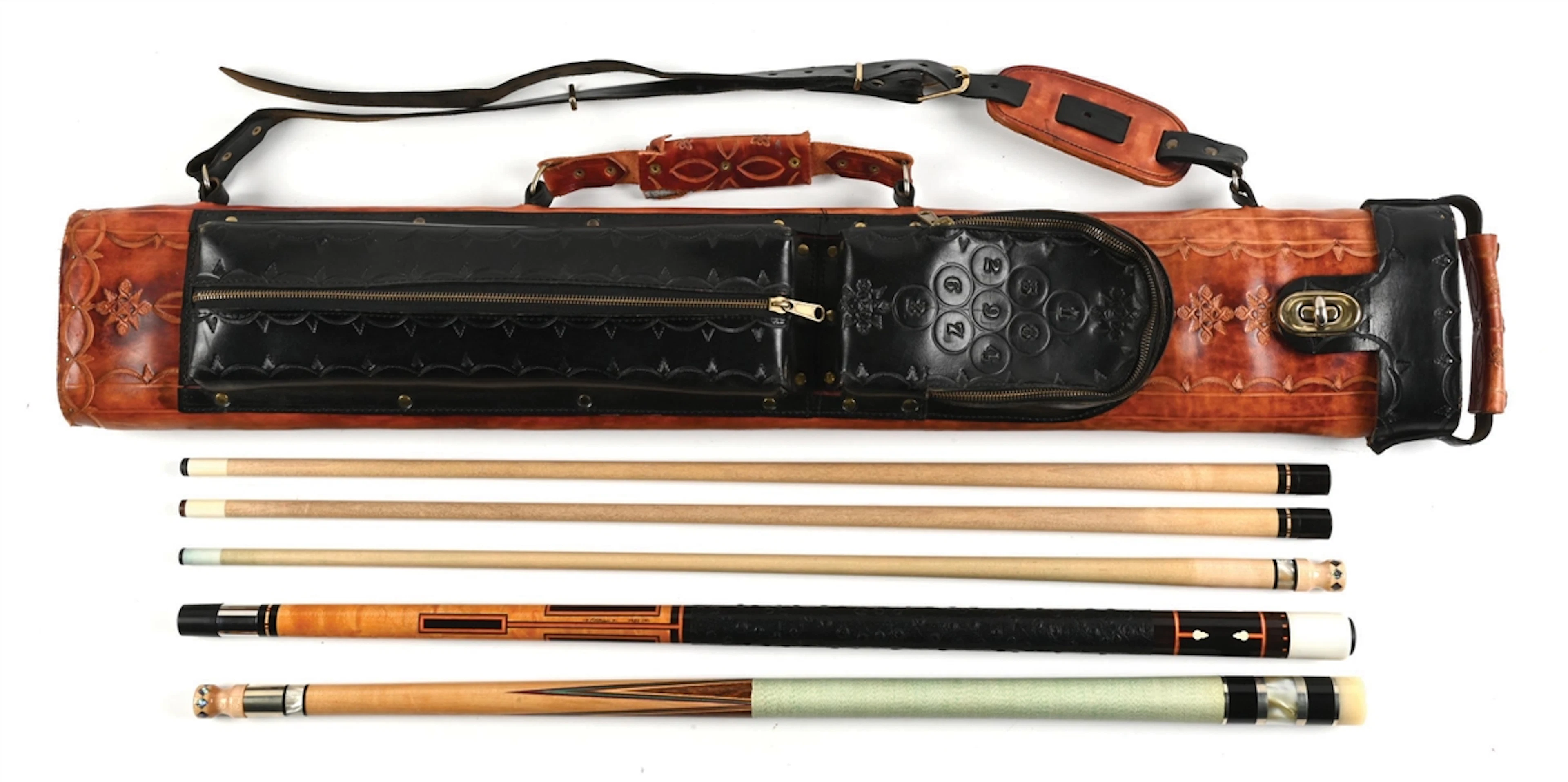 SIGNED 1980 D. PHILLIPPI 1" OF 1" CUE SET WITH TOOLED LEATHER CASE