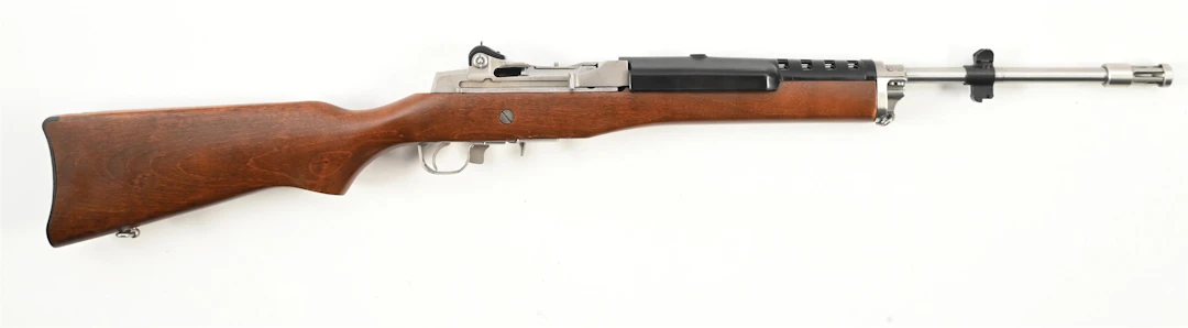 (M) STAINLESS RUGER MINI-14 SEMI-AUTOMATIC RIFLE.
