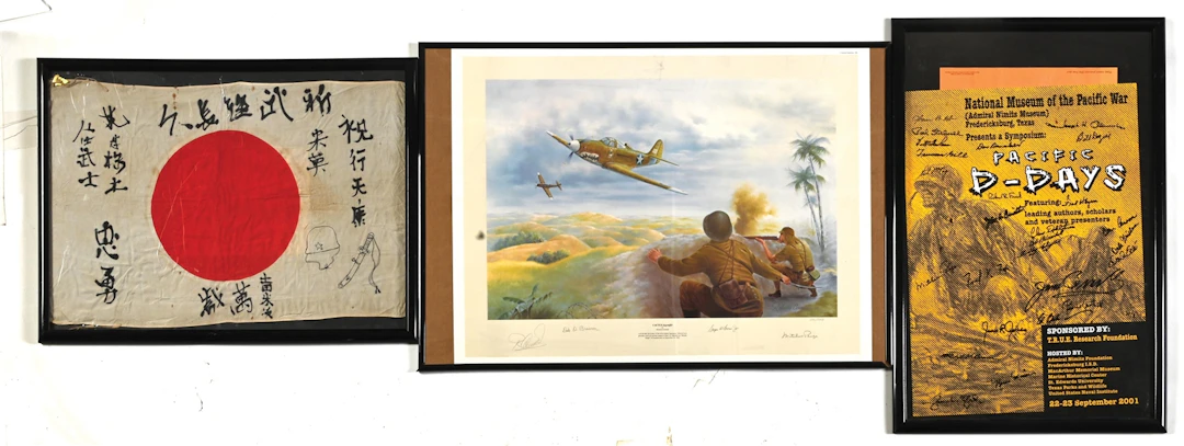 LOT OF 3: WWII PRINT, SIGNED POSTER, AND JAPANESE FLAG.