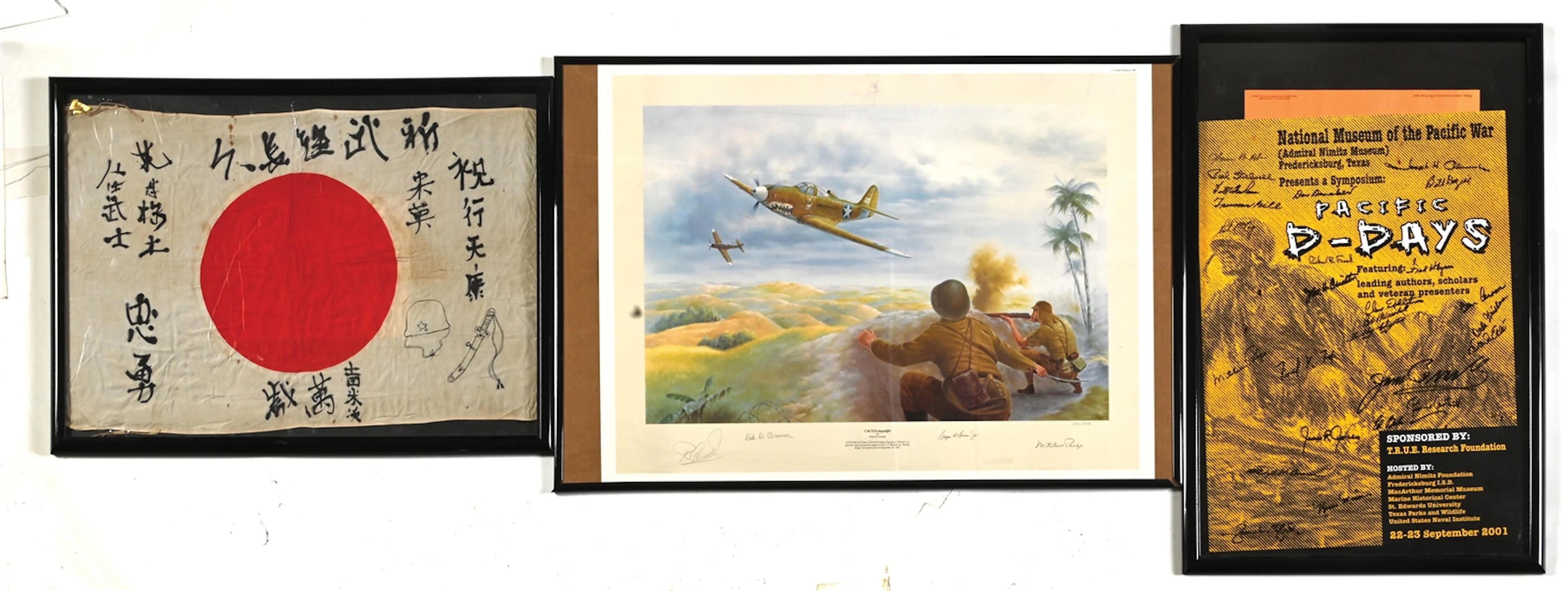 LOT OF 3: WWII PRINT, SIGNED POSTER, AND JAPANESE FLAG.