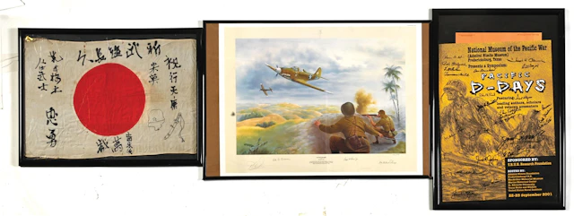 LOT OF 3: WWII PRINT, SIGNED POSTER, AND JAPANESE FLAG.