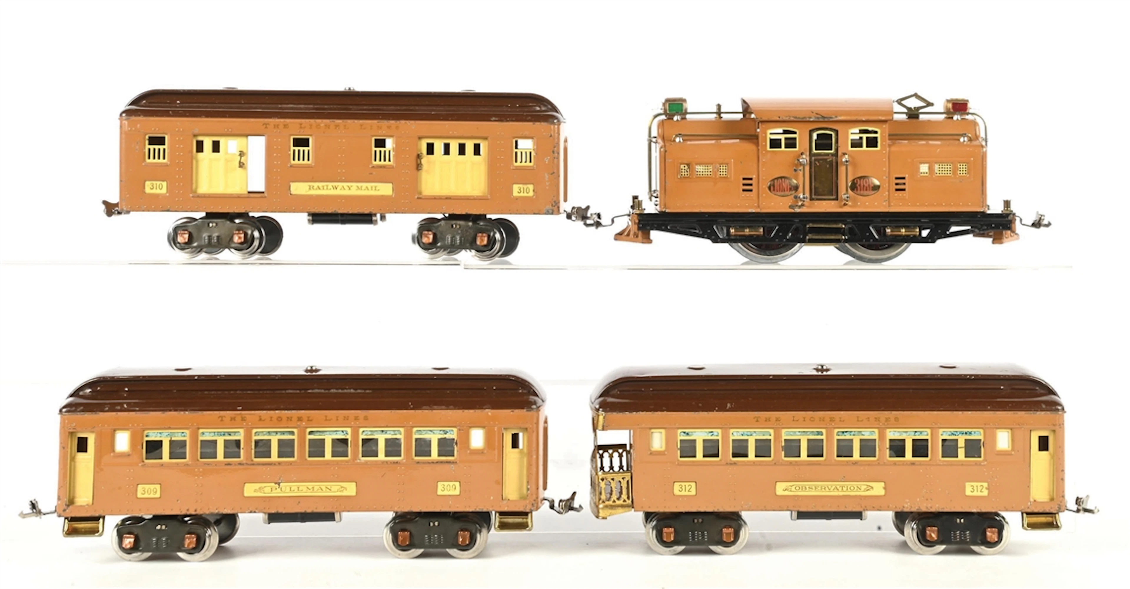 LIONEL PREWAR STANDARD GAUGE NO. 318E BABY STAGE THREE CAR PASSENGER SET