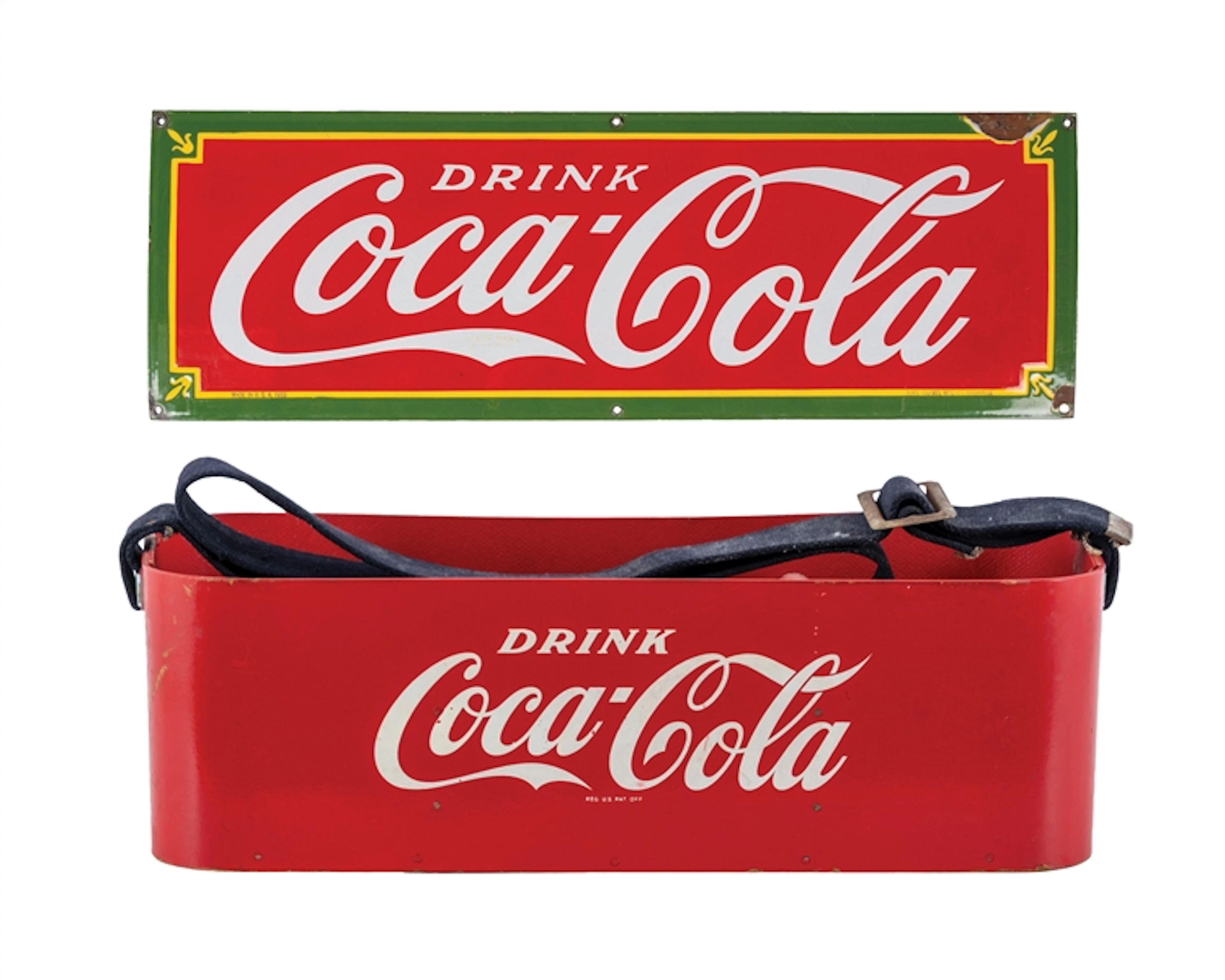 PAIR DRINK COCA-COLA PORCELAIN SCRIPT SIGN & DRINK COCA-COLA TRAY