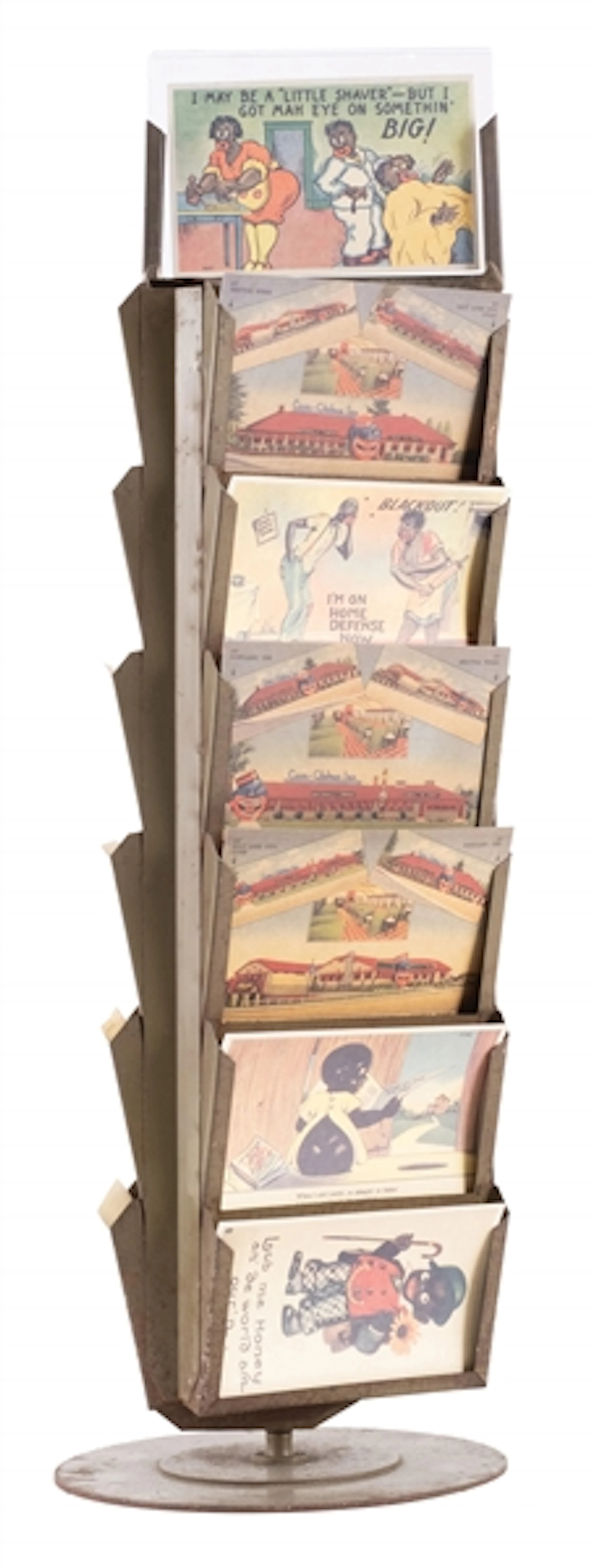 EARLY TIN COUNTRY STORE POST CARD DISPLAY W/ AN ASSORTMENT POST CARDS